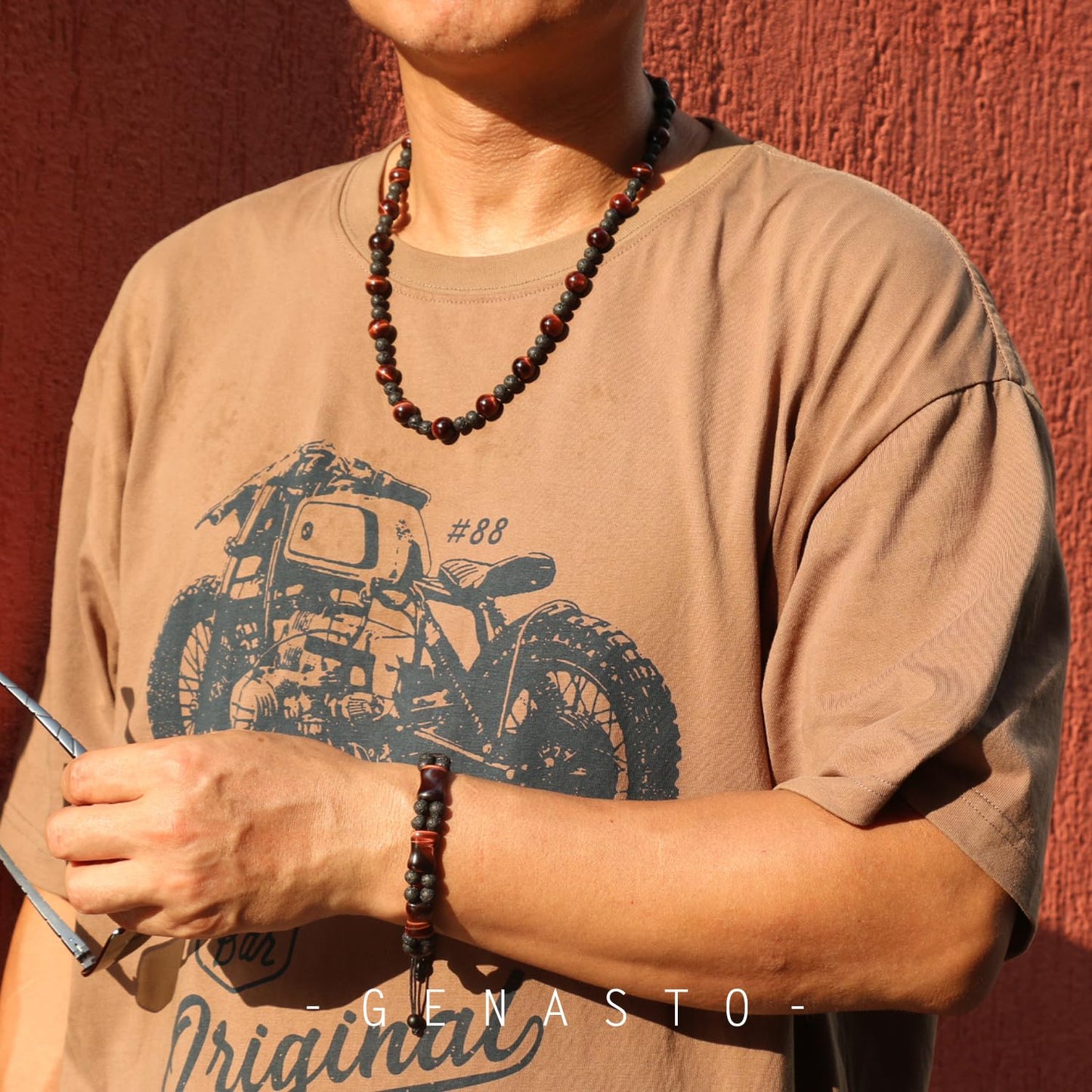 GENASTO Tiger Eye Necklace Healing Protection Crystals Stones Lava Rock Chakra Necklace for Men Women