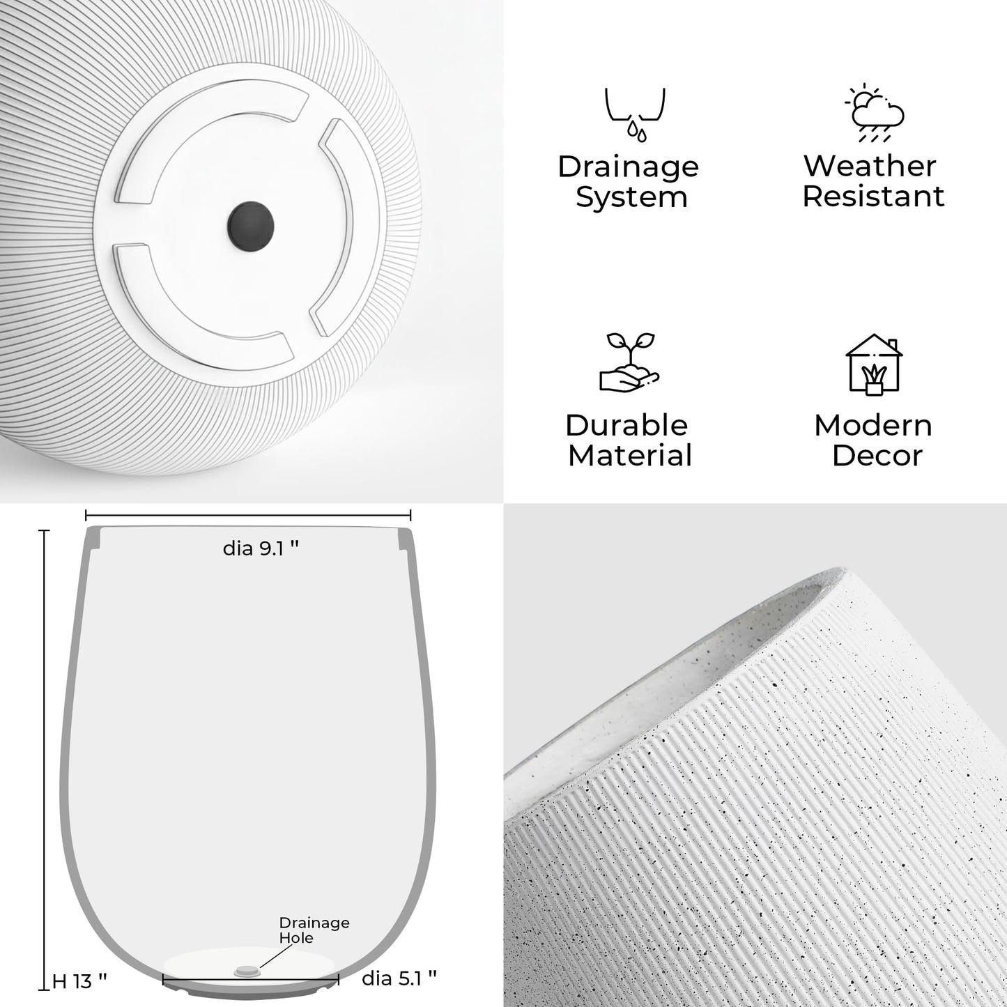 Worth Garden White Large Round Planter, 9" Dia x 13" H Lightweight Magnesium Oxide Cement Plant Pot with a Striped Textured Finish, Raised Pattern Concrete Look, Drainage Hole, Indoor & Outdoor Use