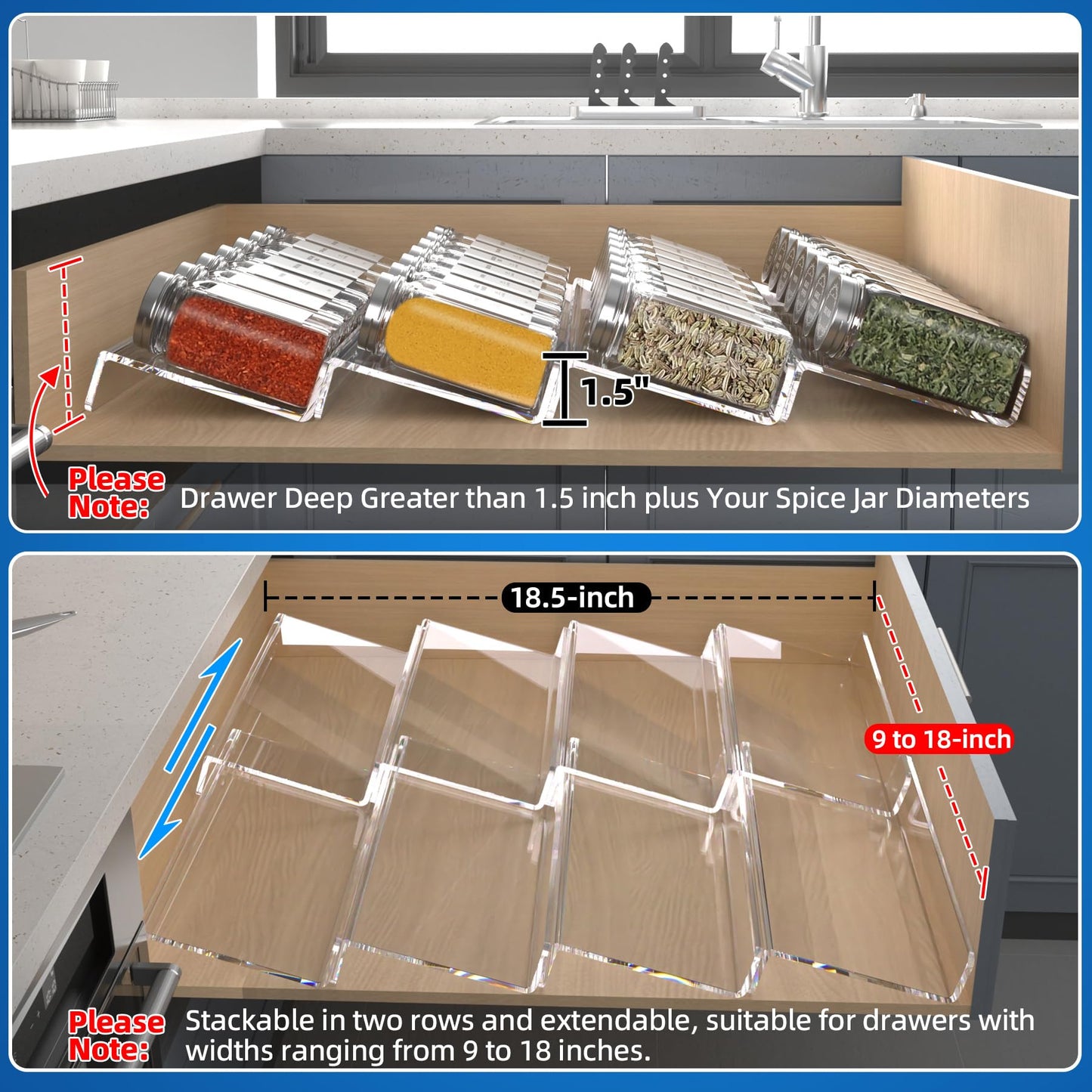 MIUKAA Clear Acrylic Spice Drawer Organizer, 4 Tier- 2 Set Expandable From 9" to 18" Seasoning Jars Drawers Insert, Kitchen Spice Rack Tray for Drawer/Countertop (Jars not included)