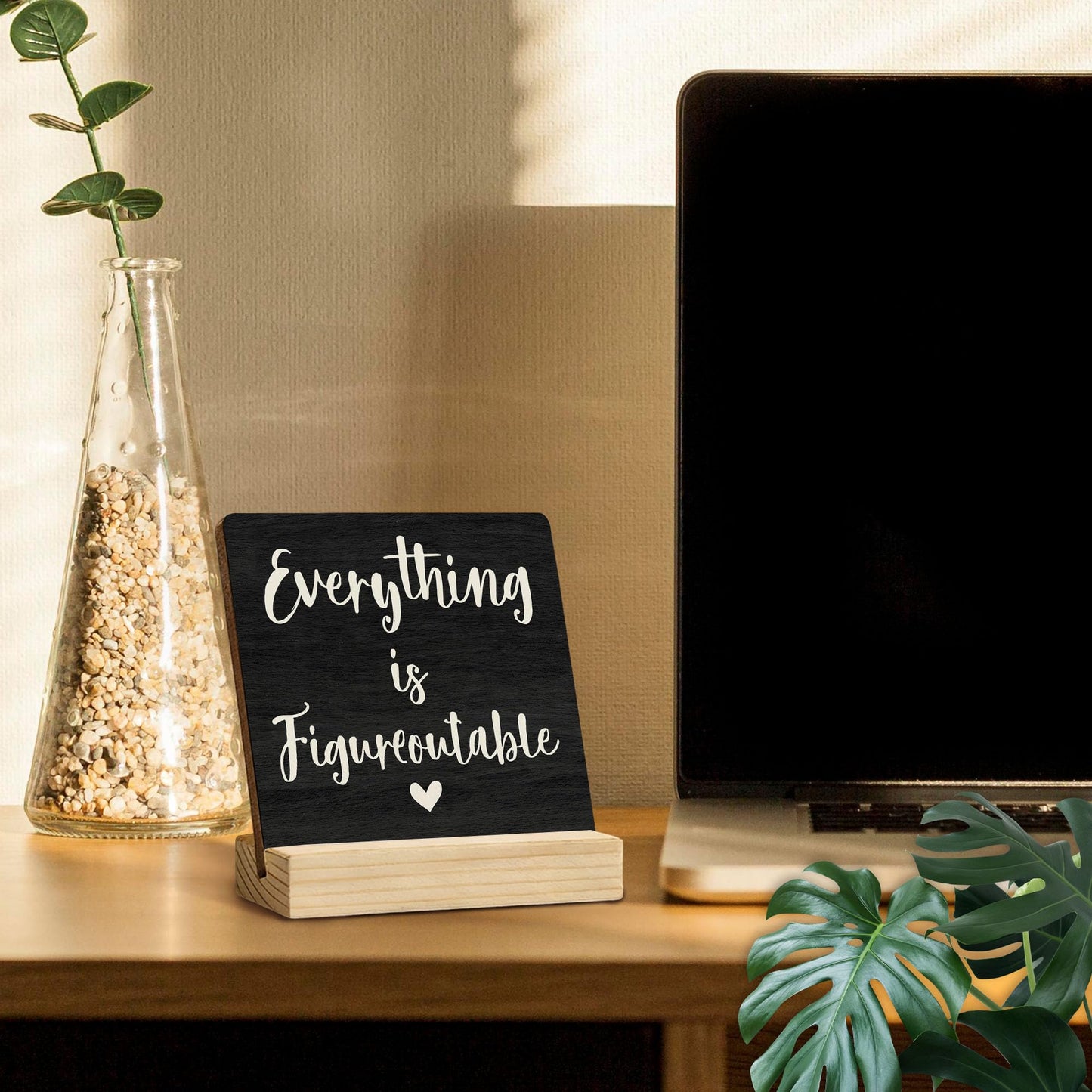 Mfyossrll Inspirational Desk Decor, Everything Is Figureoutable Decorative Signs & Plaques, Motivational Desk Sign with Wooden Stand for Home Bedroom Office Classroom Shelf Table Decor
