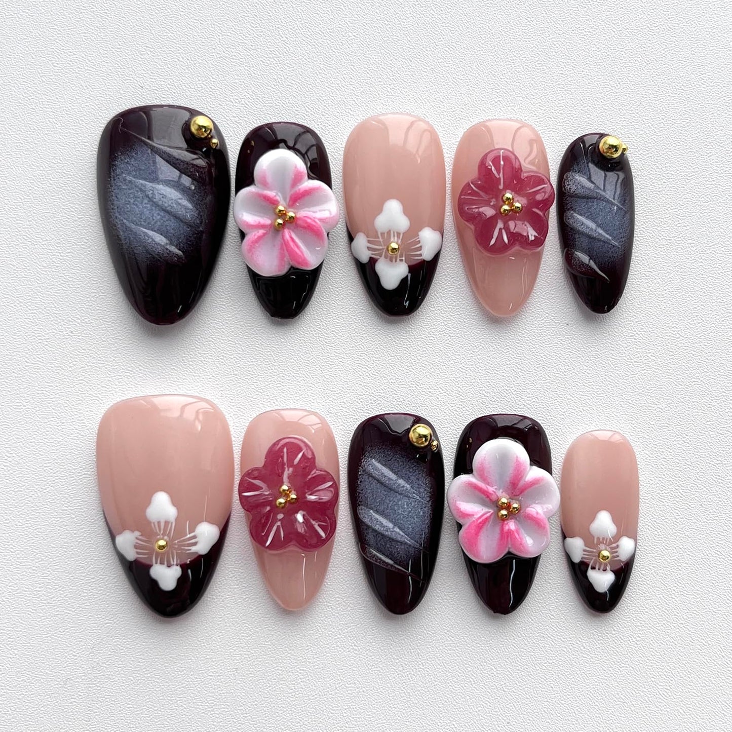 Handmade Press on Nails Almond Short 3D Floral Nails French Tip Thick Acrylic Fake Nails Purple False Nails with Pink Flower Designs Elegant Sturdy Nail Art Press on Nails 10Pcs(S)