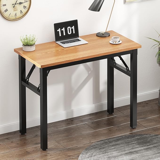 Need Folding Computer Desk - 31.5 Inch Foldable Office Writing Work Study Kids Student Teacher Home Bedroom Table for Small Space, Teak & Black