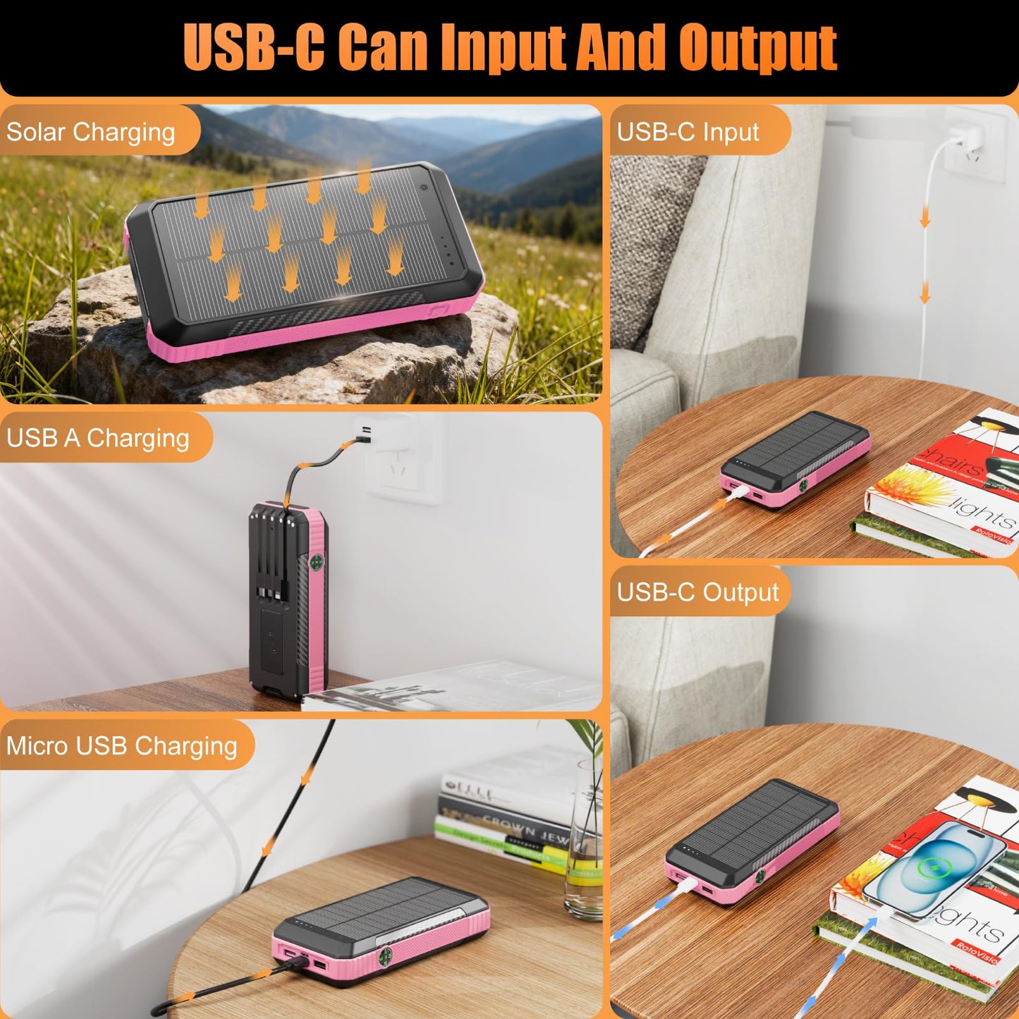 Wreaoves Solar Power Bank 33800mAh with Super Bright LED Flashlight, Built-in 4 Cables & Wireless Charging, Portable Charger with Compass, 7 Outputs & 4 Inputs for Camping/Hiking