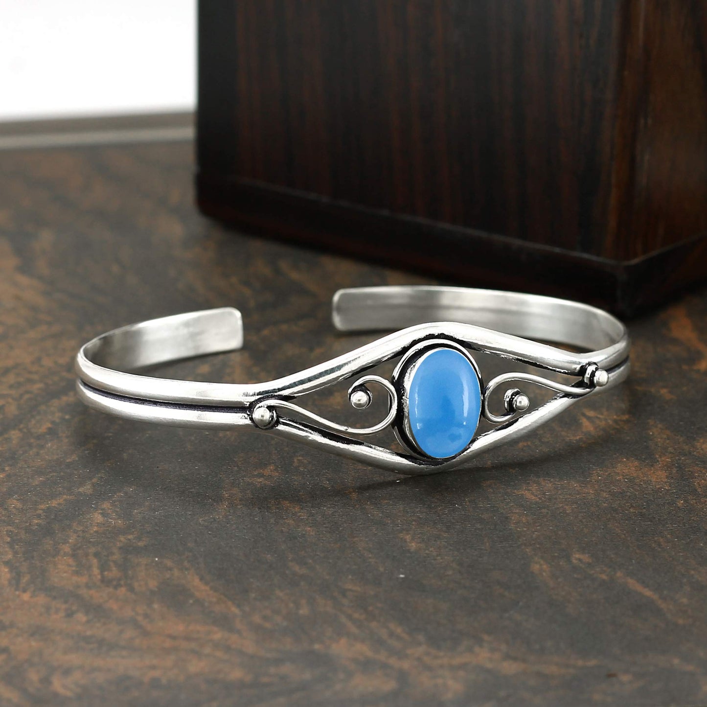 925 Silver Plated Natural Chalcedony Cuff Bangle Bracelet for Women – Handmade Open Bangle – Blue Gemstone Statement Jewelry – Valentine's Day Gift for Her
