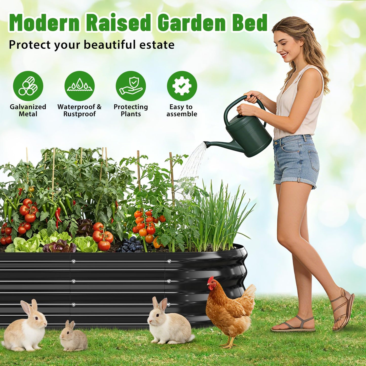 VAMFUTRE Oval Raised Garden Bed, 5 x 2 x 1FT, Galvanized Steel Planter Box with Wave-Shaped Metal Panels Painted for Outdoor Flower,Tree,Herb & Vegetable Garden (Black, 60X24X12 inches)
