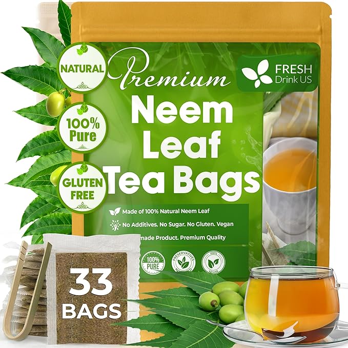FreshDrinkUS, Premium 33 Neem Leaf Tea Bags, 100% Natural and Pure from Neem Leaves. Herbal Tea. No Sugar, No Caffeine, No Gluten, Vegan.