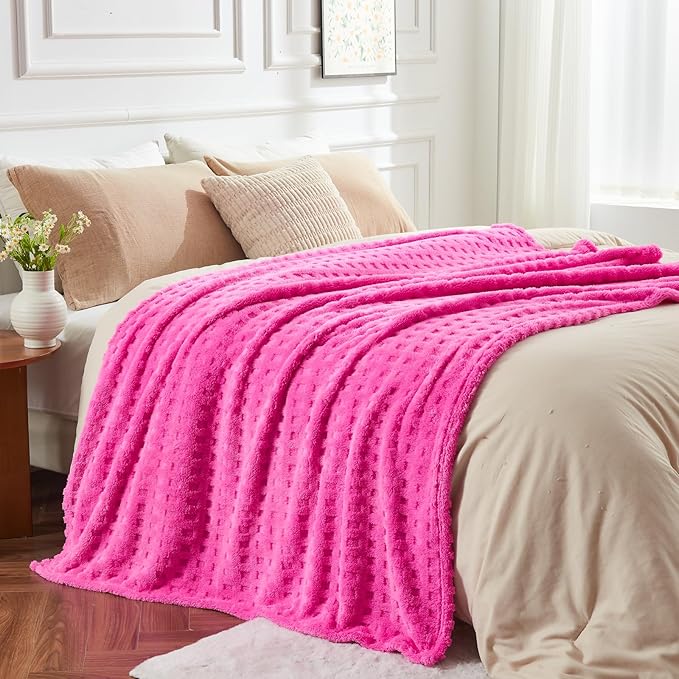 NEWCOSPLAY Super Soft King Blanket Pink Premium Silky Flannel Fleece 3D Waffle Checkered Lightweight Bed Blanket All Season Use (Hot Pink, King(90"x110"))