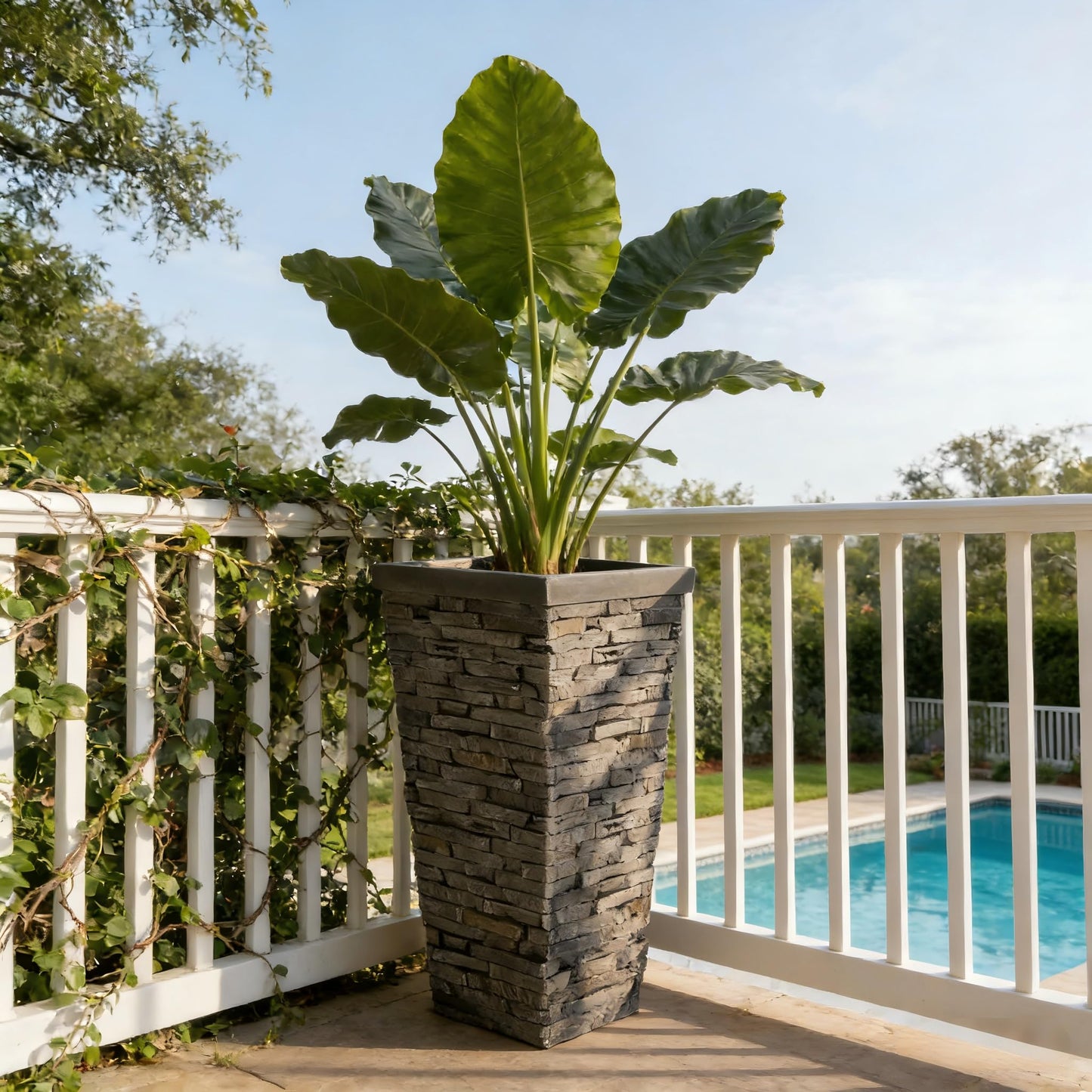 Merax Tall Planter 30 Inch, Outdoor Indoor Square Planter, MGO Stone-Effect Brick Texture, Weather-Resistant Planter with Drainage Hole for Trees, Shrubs, Large Plants, Grey