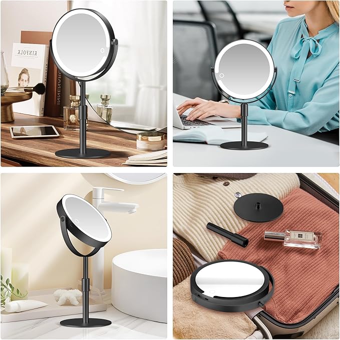 Magnifying Mirror with Light 20X, Height-Adjustable Lighted Makeup Mirror with Magnification, Double - Sided Aluminum Alloy LED Mirrors, 3 Lighting Modes Ideal for Bathroom Make-up, Black