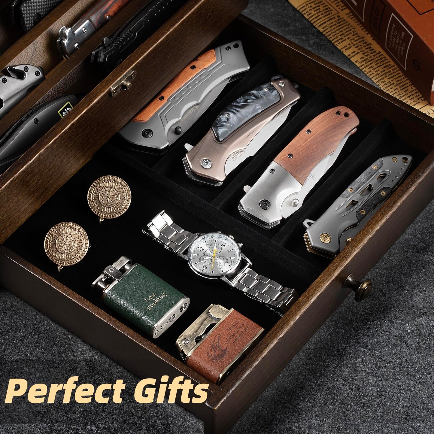 Knife Display Case Knife Collection Display Holder with Glass Lid, 2-Layer Wooden Pocket Knife Case with Drawers