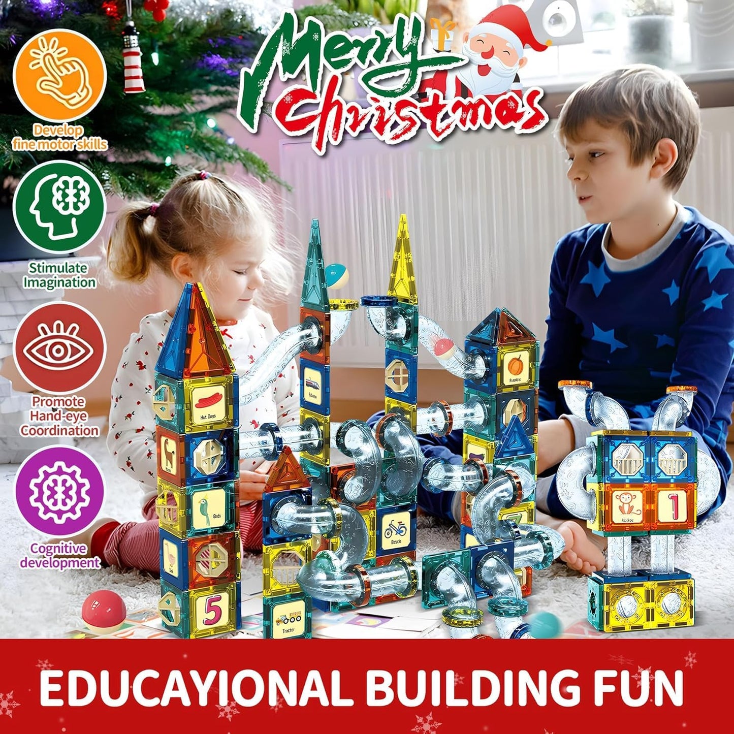 Motorized Marble Run Set – 107-Piece Magnetic Tile Building Toy with Ferris Wheel & Elevator, STEM Marble Maze Game for Kids Ages 6-12, Educational Gift with Lights & Music