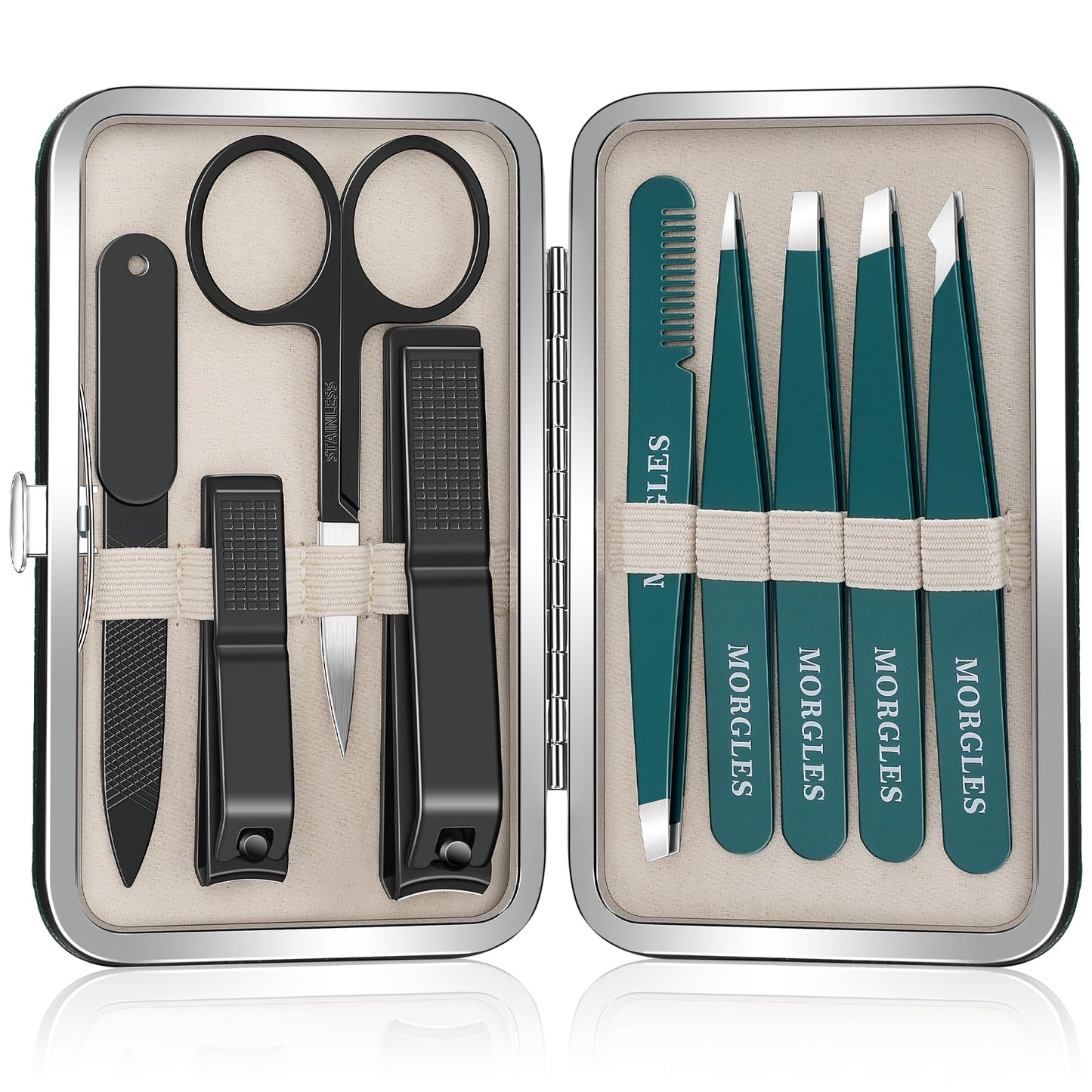 MORGLES Tweezers Set for Eyebrows, 9 Pcs Precision Stainless Steel Tweezers and Professional Nail Clippers Set for Men with Leather Travel Case