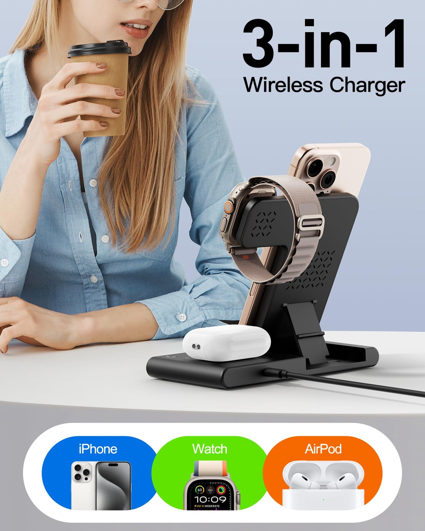 RYND 2026 Travel Portable Wireless Fast Charger for Apple & Android Charging Station,3 in 1 Charging for iPhone17 16 15 14 13 12,Apple Watch Series & Air pods 4 3 2 Pro,Samsung Galaxy