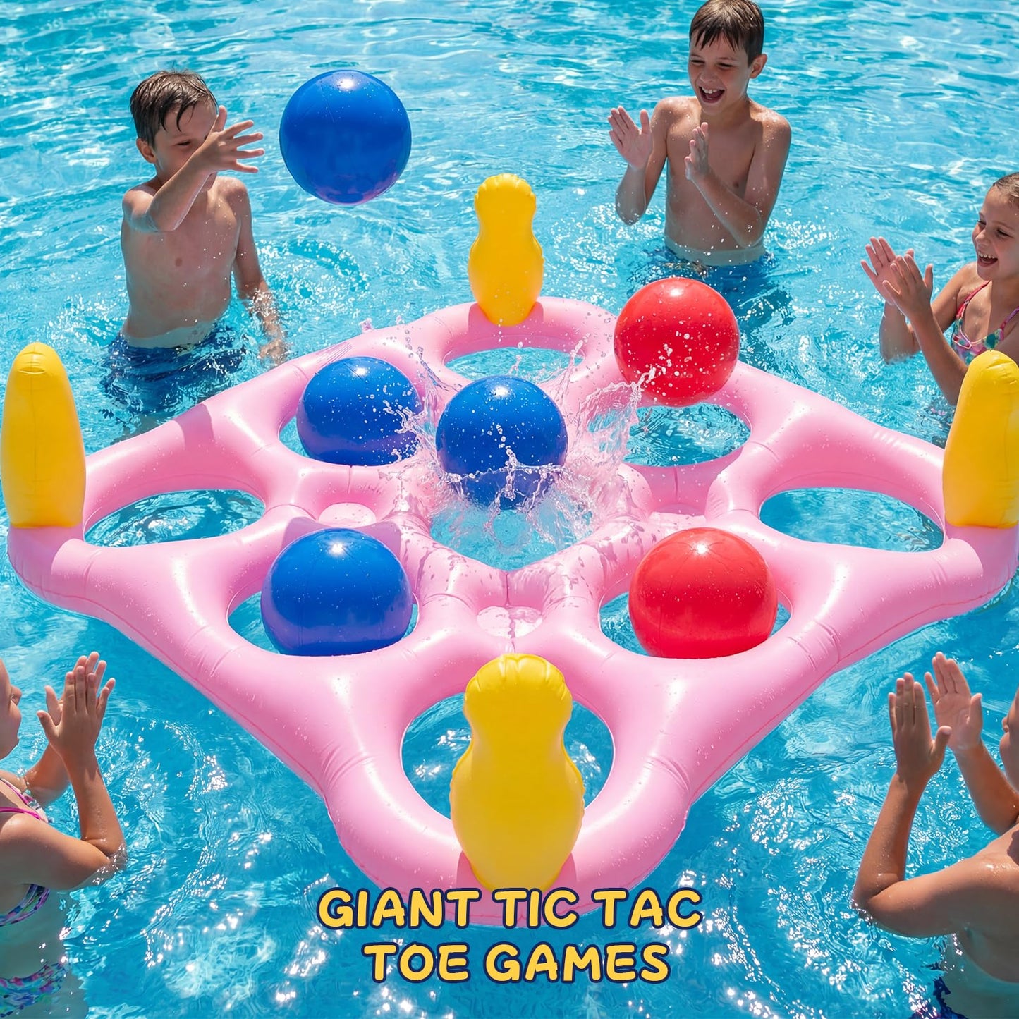 ECHTPower Tic-Tac-Toe Pool Toys Games - 2-in-1 Giant Inflatable Pool Floats with Ring Toss Set and 10 Balls, Fun Summer Party Water Beach Float Pool Game for Adults Teens Kids (Pink)