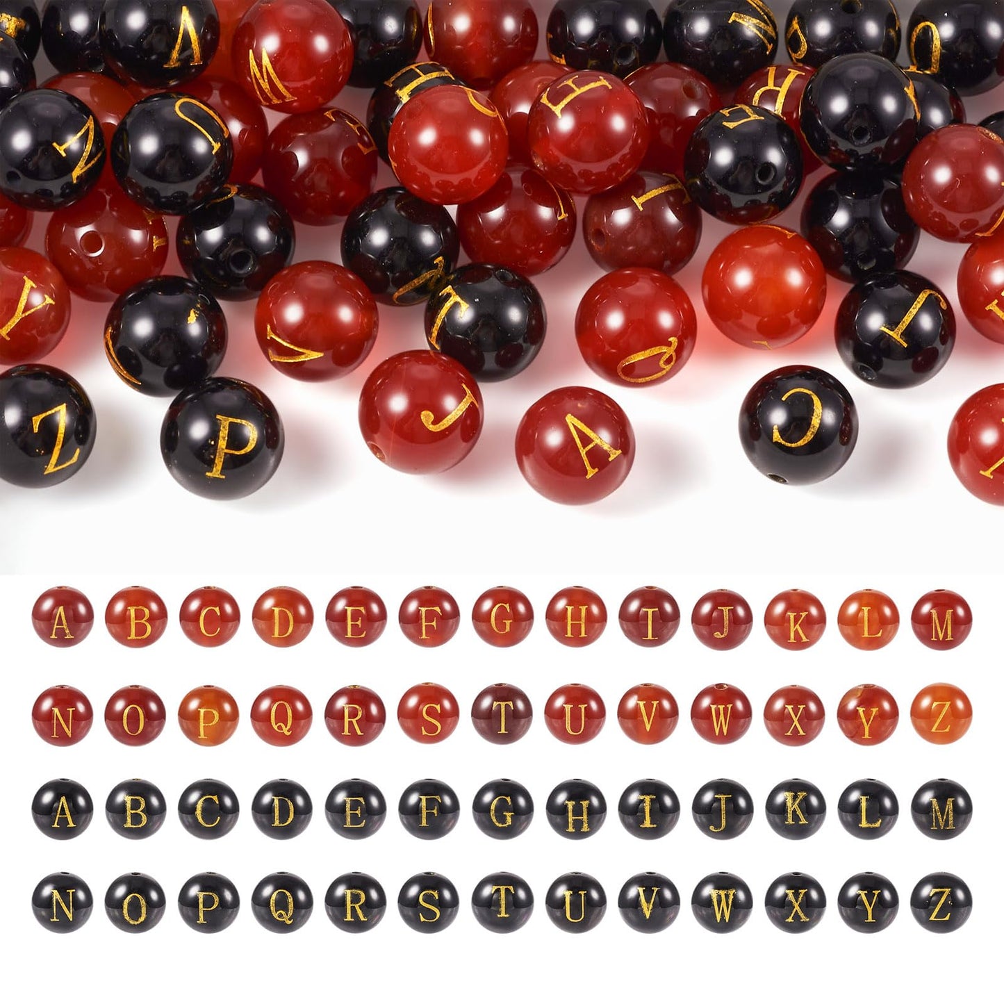 52Pcs 10mm Natural Agate Gemstone Beads A~Z Letter Beads Black Red Agate Stone Bead Natural Round Gemstone Alphabet Bead for DIY Name Bracelet Jewelry Making
