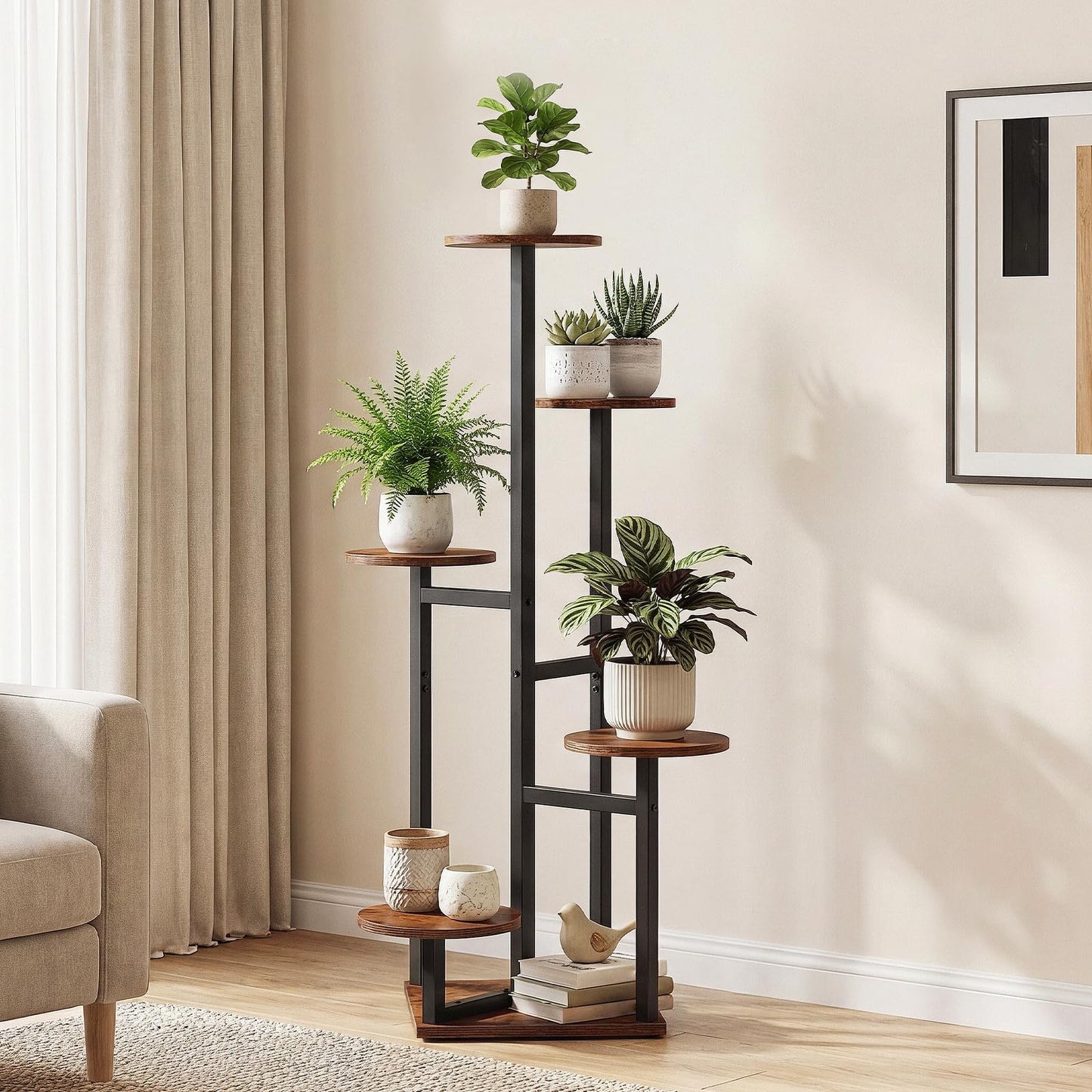 HOOBRO Side Table, Round End Accent Table with Sturdy Metal Frame, 5-Tier Corner Plant Stand Indoor, for Living Room, Bedroom, Balcony, Office BF95BZ01-BF05HJ01