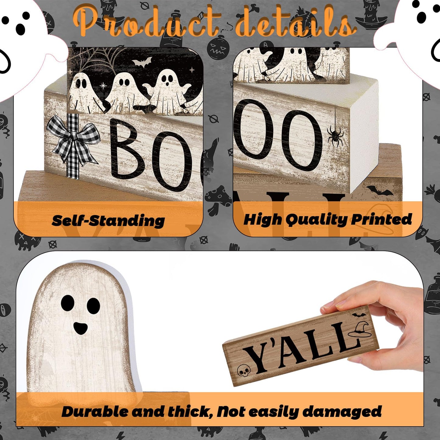 Lineshading 4 Pcs Halloween Table Decoration Wooden Ghost Tiered Tray Decoration Rustic Wood Ghost Block Signs Gift Halloween Centerpiece Farmhouse for Home Tabletop Kitchen Shelf