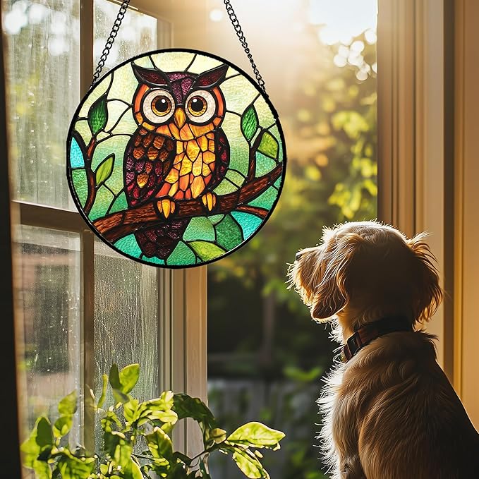 Stained Glass Window Hanging - Owl on a Branch Suncatcher for Doors Window Home Orange Brown Sun Catchers Decor Christmas Mother's Day Birthday Gifts for Teacher Women Men Mom Nana 11.8 in