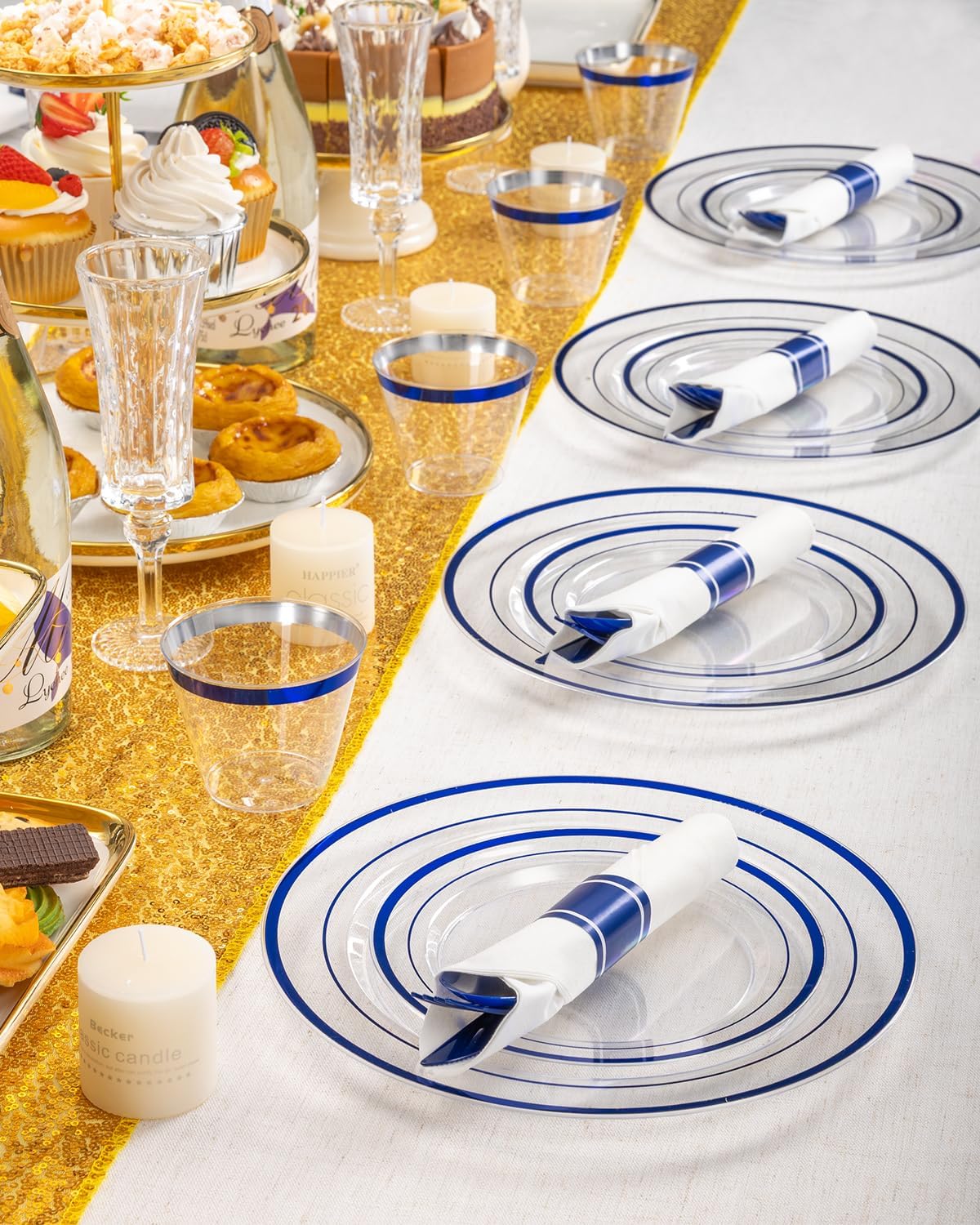 Goodluck 175 Piece Blue Plastic Plates, Clear Plastic Silverware Disposable Plates Set, Include 50Plates, 25Pack Pre Rolled Napkins with Silverware, 25Cups for Party, Wedding, Graduation