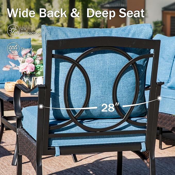 Patio Furniture Set with 56" Fire Pit Table, Premium Outdoor Wicker Metal Frame Furniture with Upgraded Waterproof Thick Cushions for Porch, Poolside, Deck, and Yard （4 Pieces,Navy