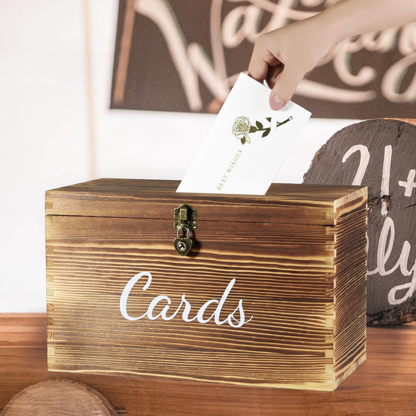 Wongblee Wooden Wedding Card Box with Heart Shape Lock, 5 Chalkboard Label, 1 Erasable Chalk Marker, Rustic Gift Card Holder Box for Birthday, Wedding, Bridal Shower, Baby Shower