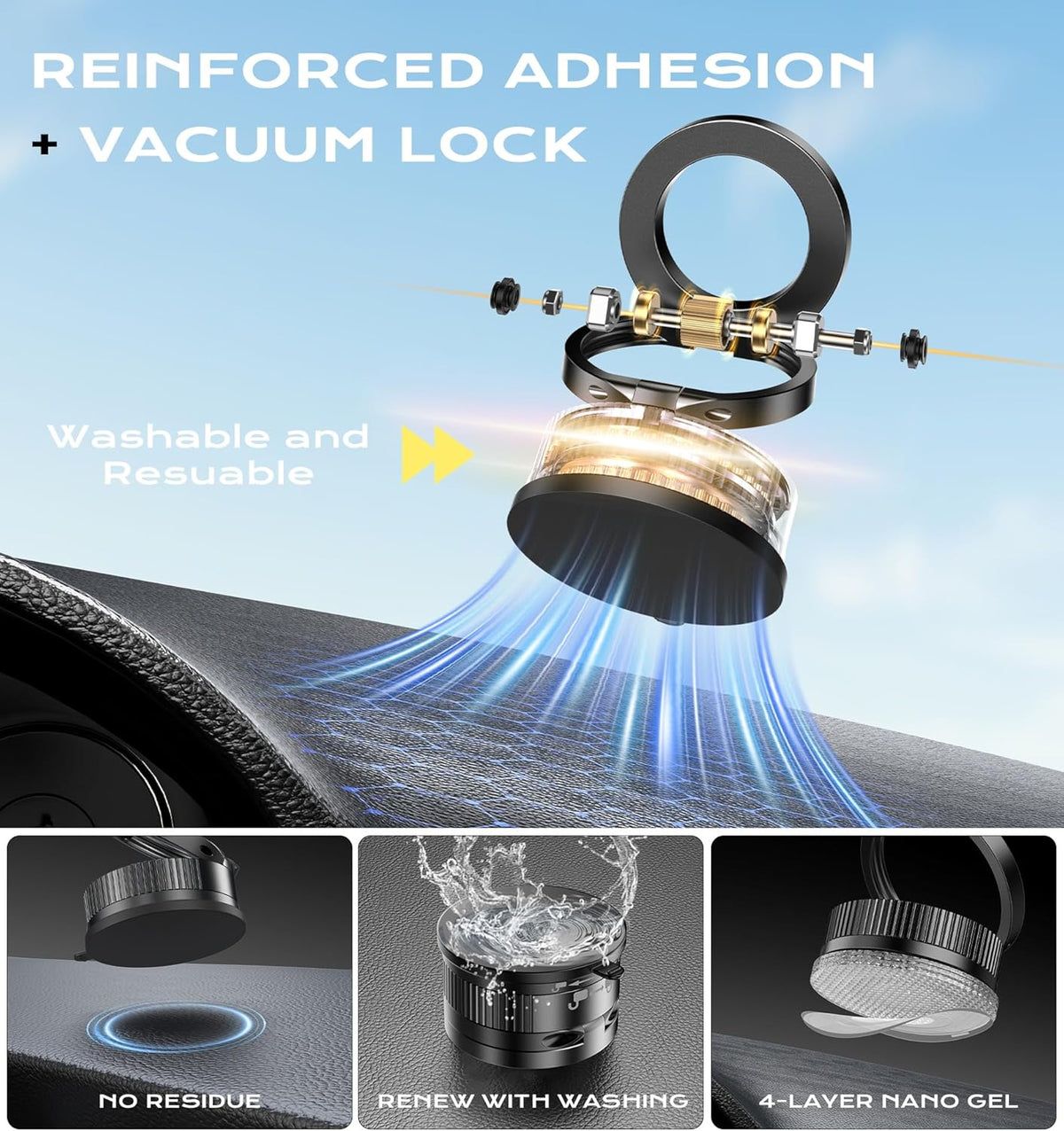 Latest Upgraded Suction Cup Phone Mount Nano Gel 360°Phone Stand Vacuum Magnetic Car Phone Holder for MagSafe Car Mount 110 LBS Car Accessories for iPhone 16/15/14/13/12 / Android