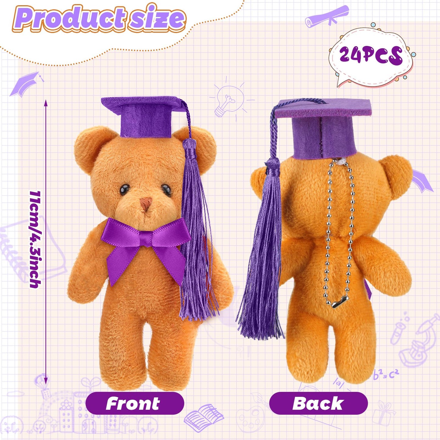 Sotiff 24 Pcs Mini Graduation Bear Plush Gift Stuffed Animal with Cap Gift for Her, for Him, Class of 2026 Graduation Present for College High School for DIY Keychain Xmas Decorations(Purple Cap)