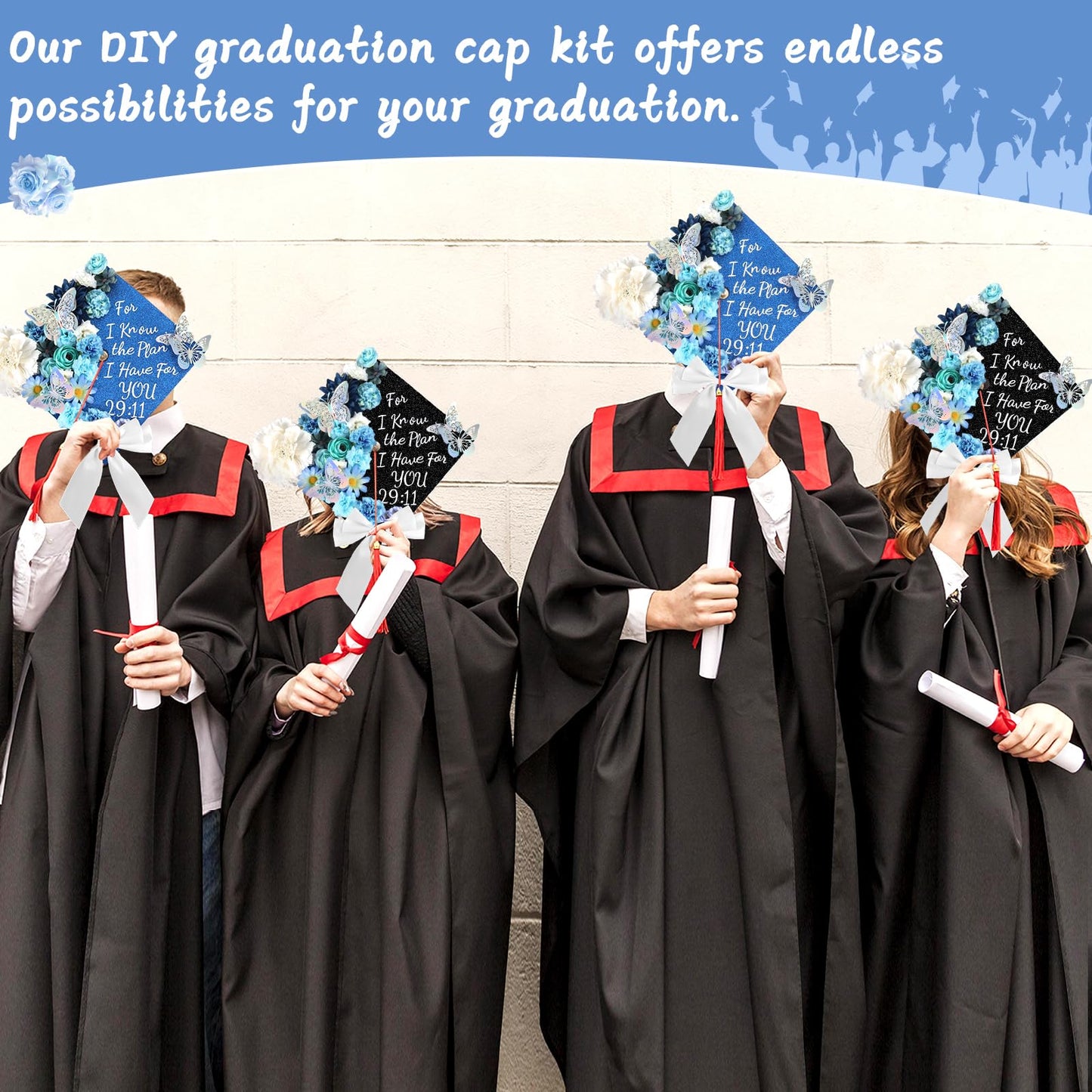 Naozinebi 55 Pcs Blue DIY Graduation Cap Decorations Faux Assorted Flowers blue Bows 3D Butterfly Stickers Glitter Alphabet Letter Number Decals for DIY Hat Grad Cap Topper Graduation Party Supplies