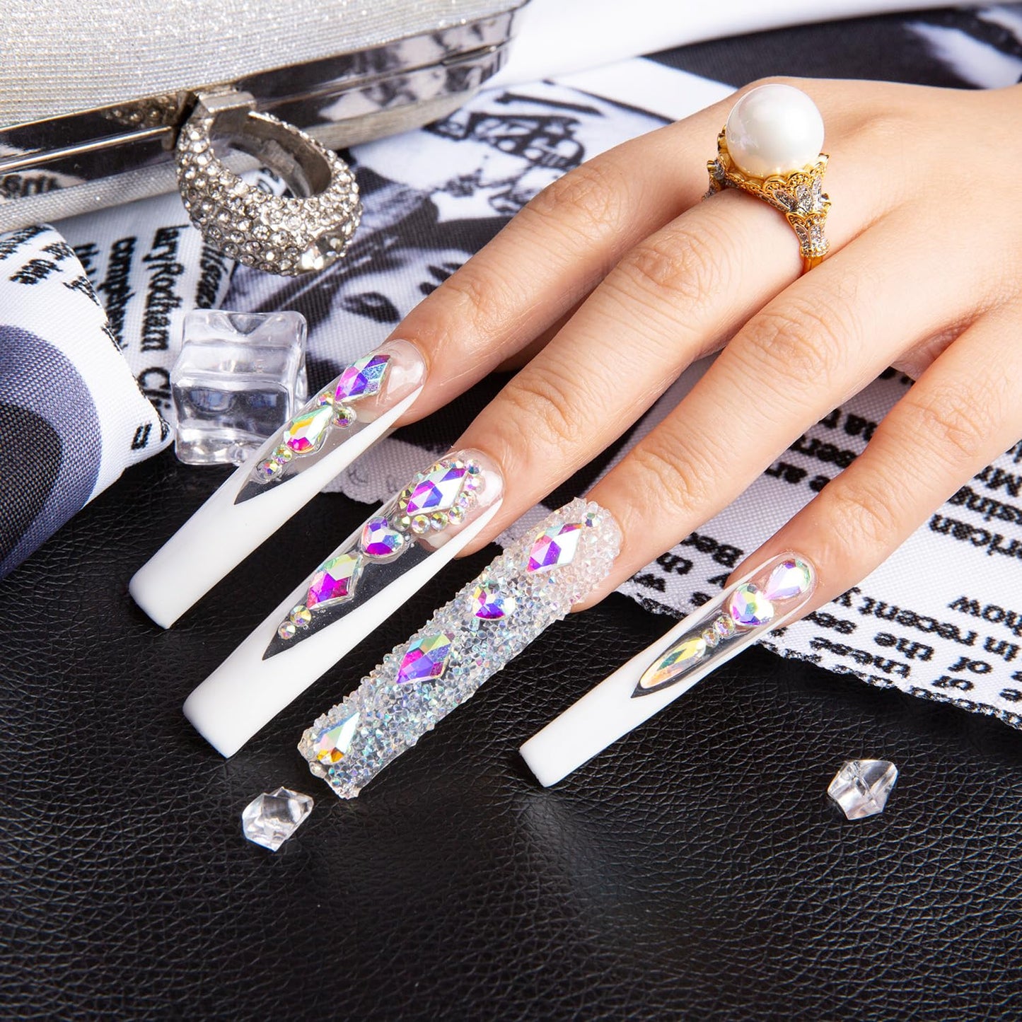 LOVFUL Press on Nails Candy Diamonds & White French Tip | Luxury Spring French Tip Glossy Press On Nails with Bling | Square Long 2.2 in | H36(M)