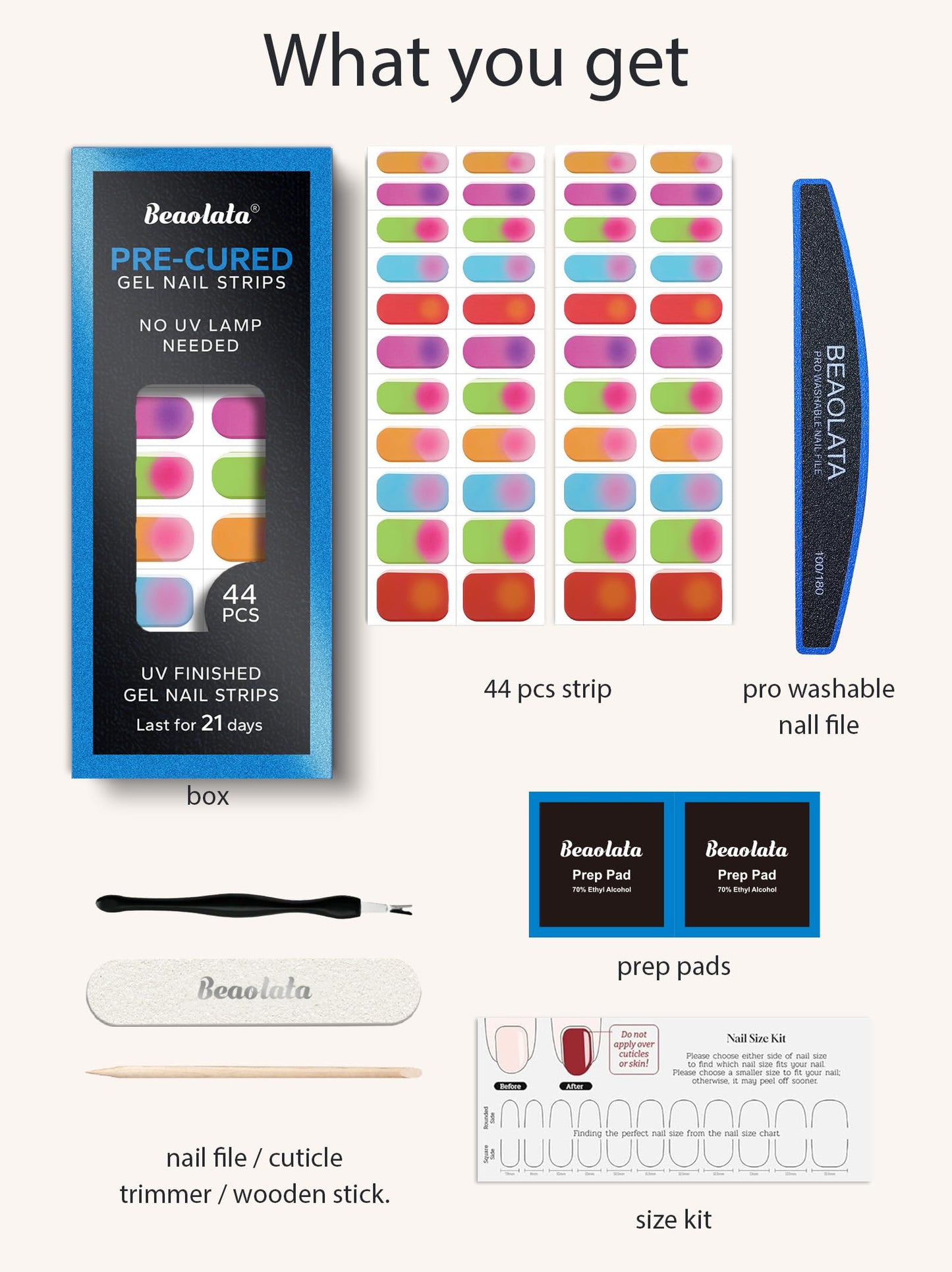 Beaolata Real Gel Nail Strips (No UV Light Needed) - 44Pcs Salon Quality Nail Stickers - Long Lasting Polish Wraps for Women, Easy Apply & Remove (Joy Bomb Pink)