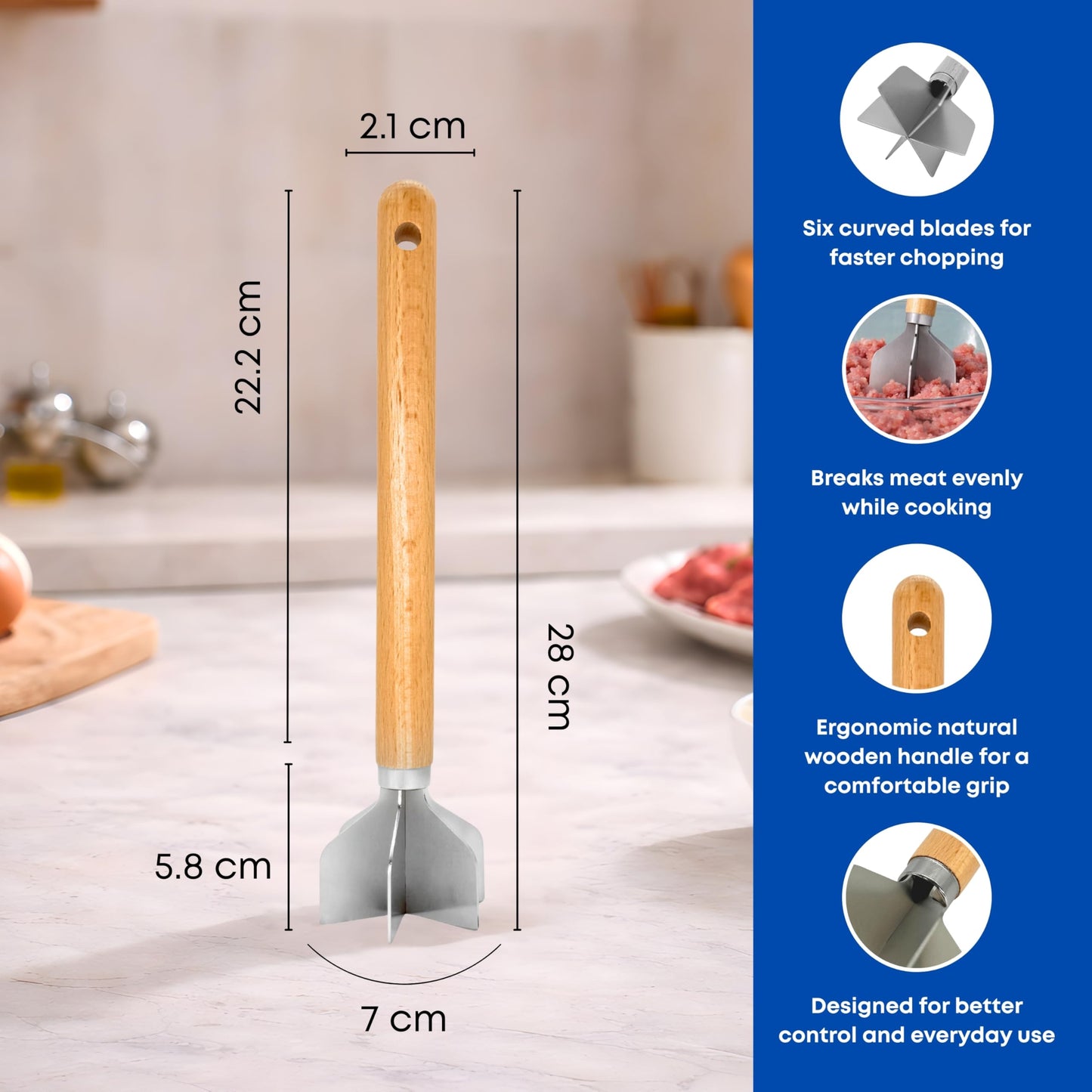 11" Stainless Steel Meat Chopper with Wooden Handle, Heavy Duty 6-Blade Ground Beef & Potato Masher, Heat Resistant Kitchen Tool for Nonstick Cookware