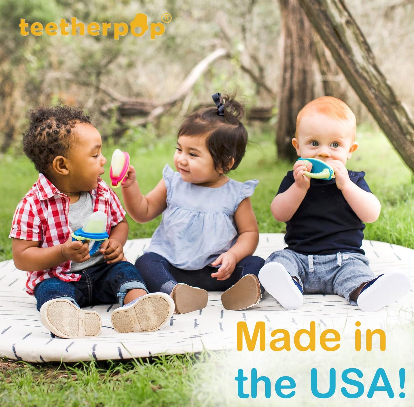Teetherpop Fillable Silicone Teether for Babies (3-Pack) – Breastmilk Popsicle Molds for Teething w/Spill-Proof Sippy Slits – Baby Teethers for Liquid & Purée – Cooling Teething Relief (BlueOrange)