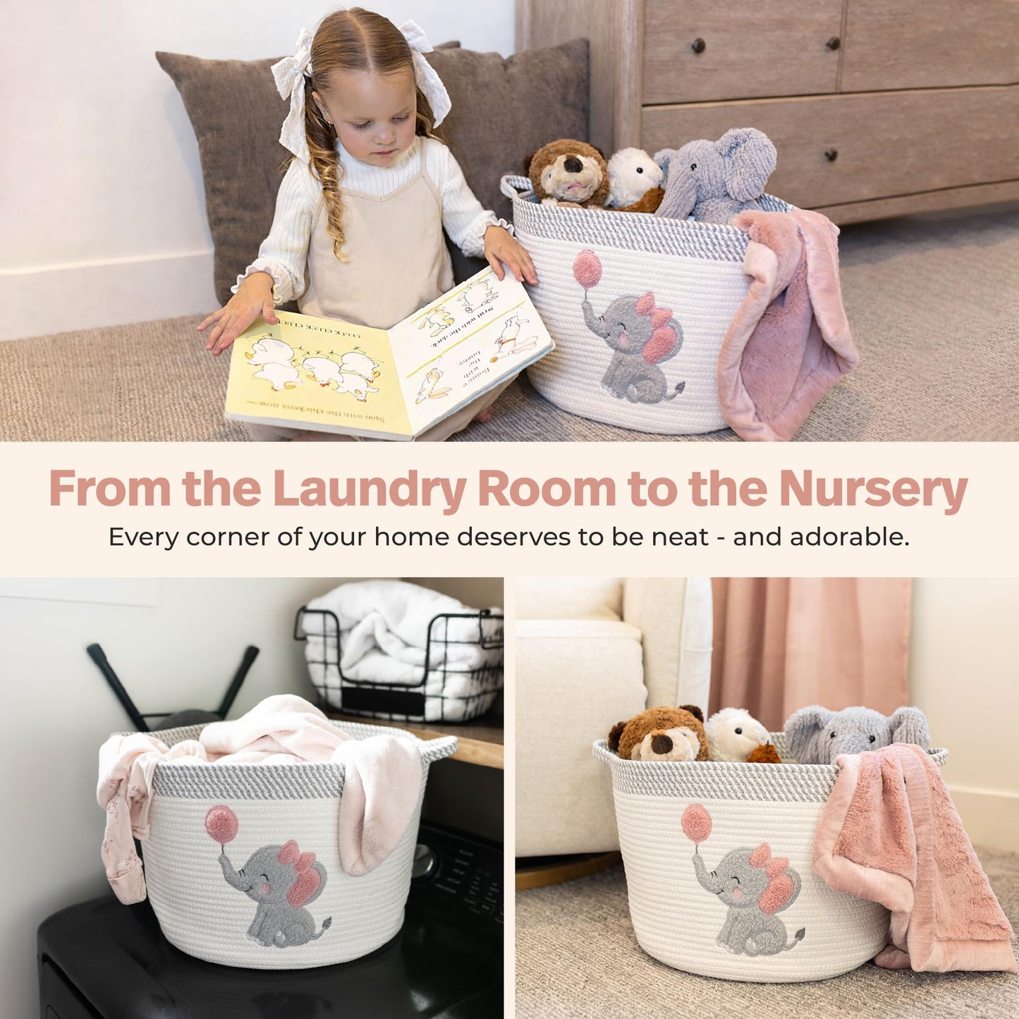 Elephant Storage Basket for Nursery – Large 15”x11” Cotton Rope Bin with Soft Felt Elephant Patch – Toy Organizer, Baby Laundry Hamper, Diaper & Towel Holder – Foldable, Washable & Baby-Safe