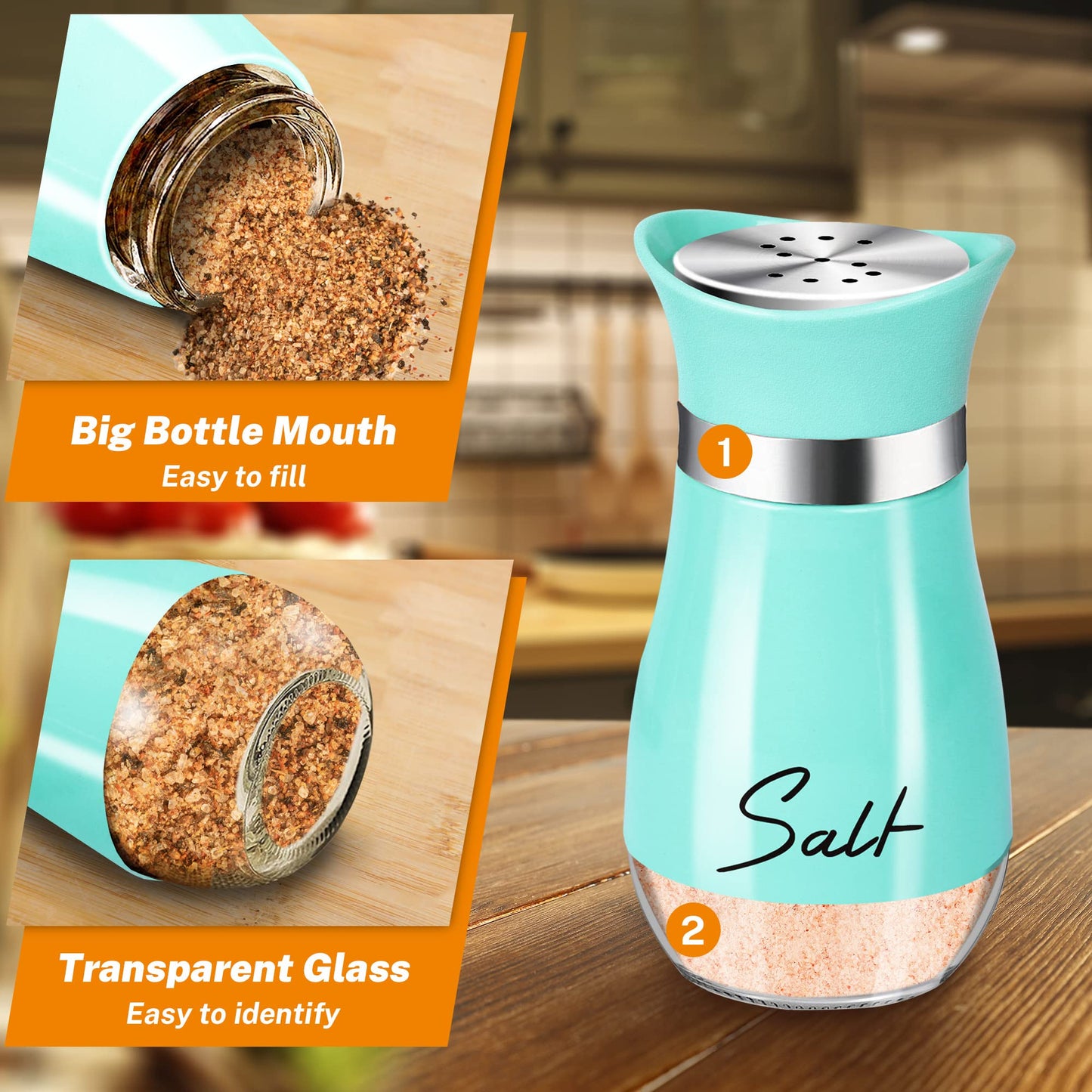 Teal Salt and Pepper Shakers Set with Holder,4 oz Turquoise Kitchen Decor and Accessories Farmhouse Gadgets Table Housewarming Gift Christmas Decor Refillable Design (Teal)