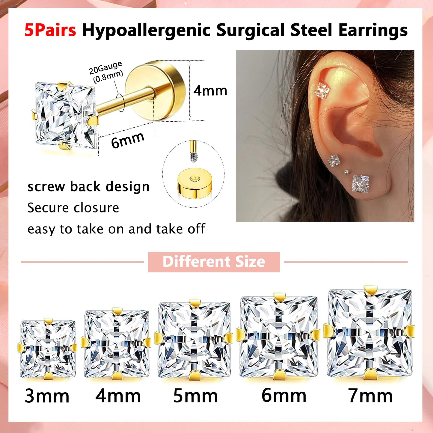 Princess Cut Square CZ Stud Earrings Flat Back, Screw Back Small Gold Clear Cubic Zirconia Studs Earrings Set for Women Men, Pack of 5 Pairs (3-4-5-6-7mm)
