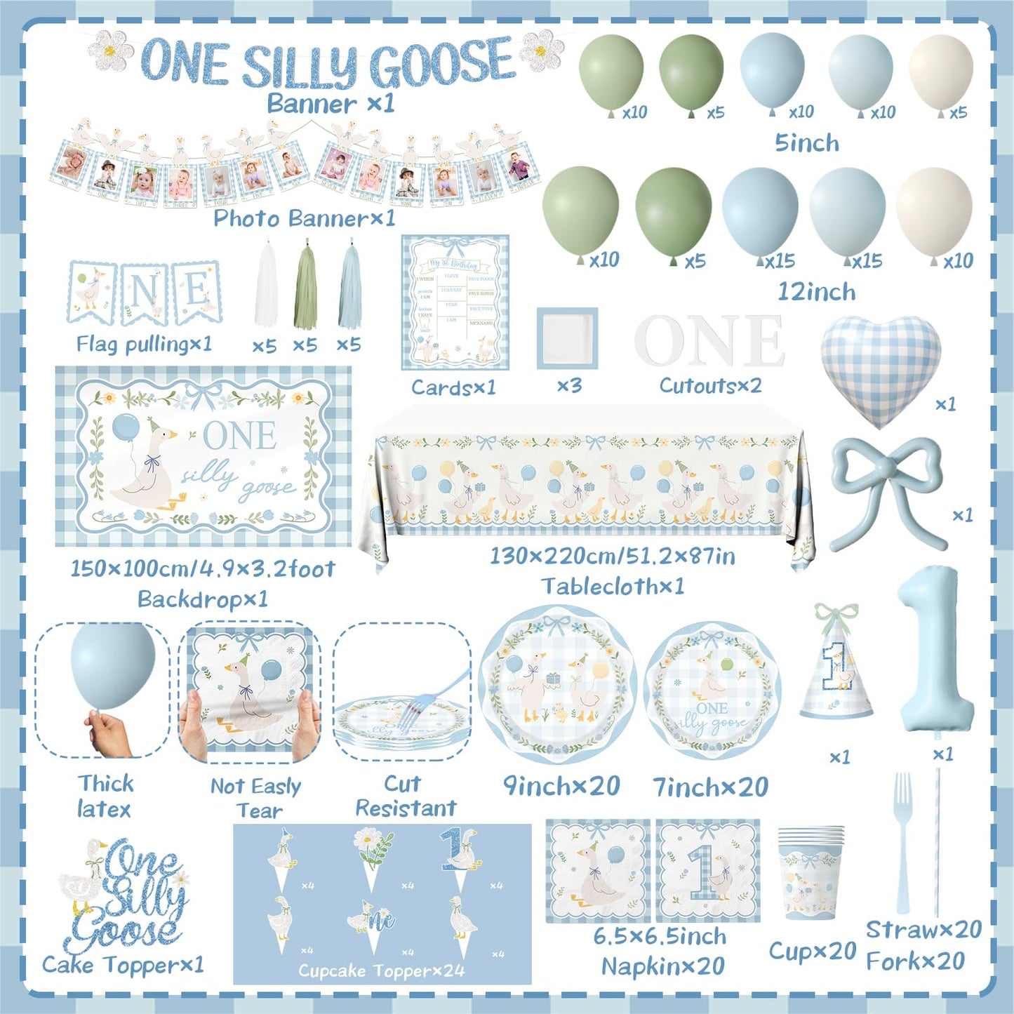 One Silly Goose Birthday Decor Boy, 270Pcs Blue Silly Goose First Birthday Decorations Kit include One Silly Goose Banner,Backdrop,Balloon Arch,Boxes,High Chair Banner,Bow Cupcake Toppers,Tableware
