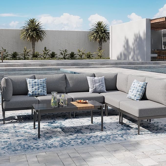 Sundale Outdoor 7 Pieces Metal Patio Furniture Set, Outdoor Sectional Sofa with 6 Inch Olefin Cushion, Modern Outdoor Conversation Sets with Coffee Table for Backyard, Poolside, Sunroom