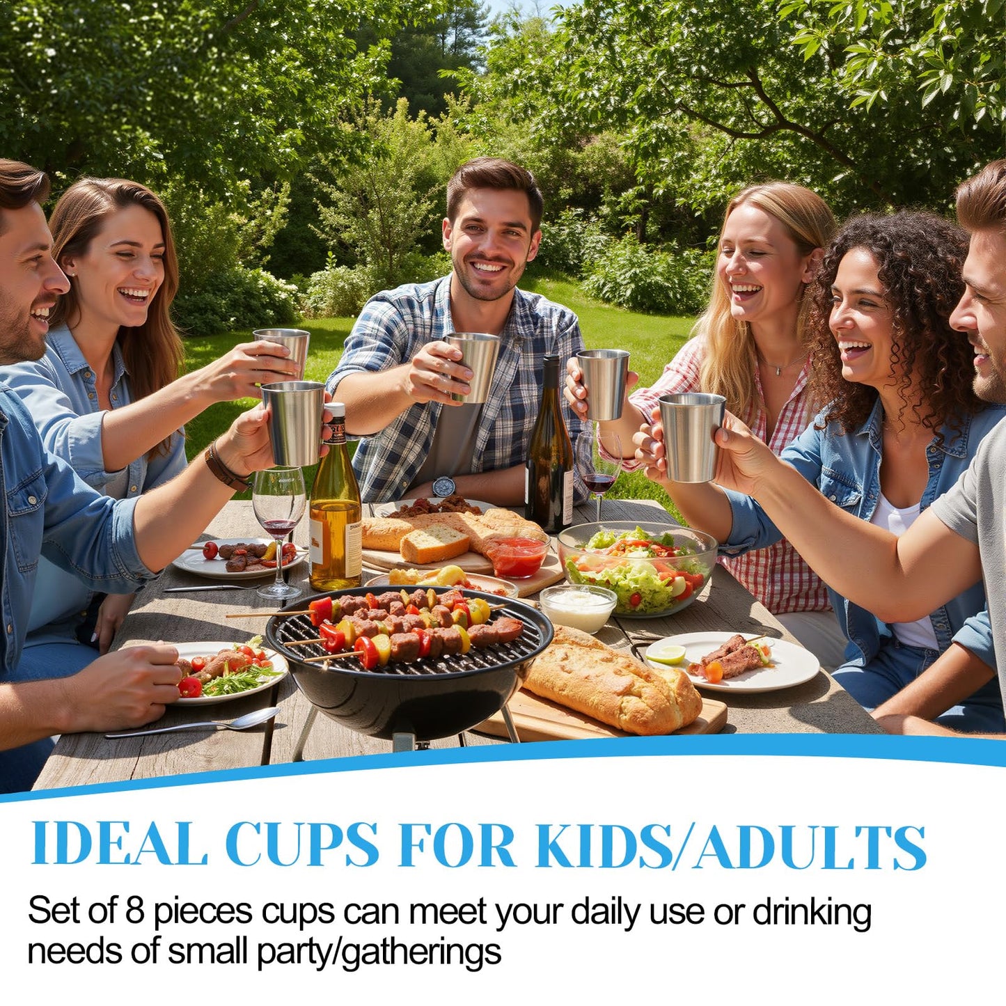 Oqqlin 8 Pcs 10 Oz Stainless Steel Cups, Metal Double Wall Vacuum Tumbler Silver Stackable Unbreakable Drinking Glasses for Party, Camping, Home, BBQ