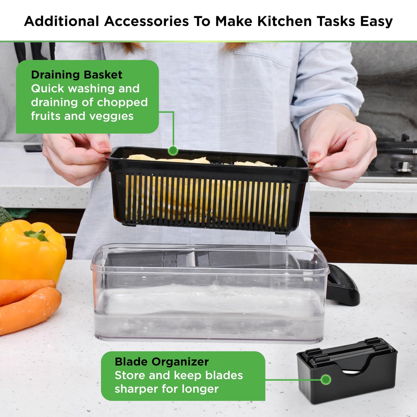 PrepNaturals Vegetable Chopper with Container, Veggie Chopper, Food Chopper & Onion Chopper - Mandoline Slicer for Kitchen (8 in 1, Black)
