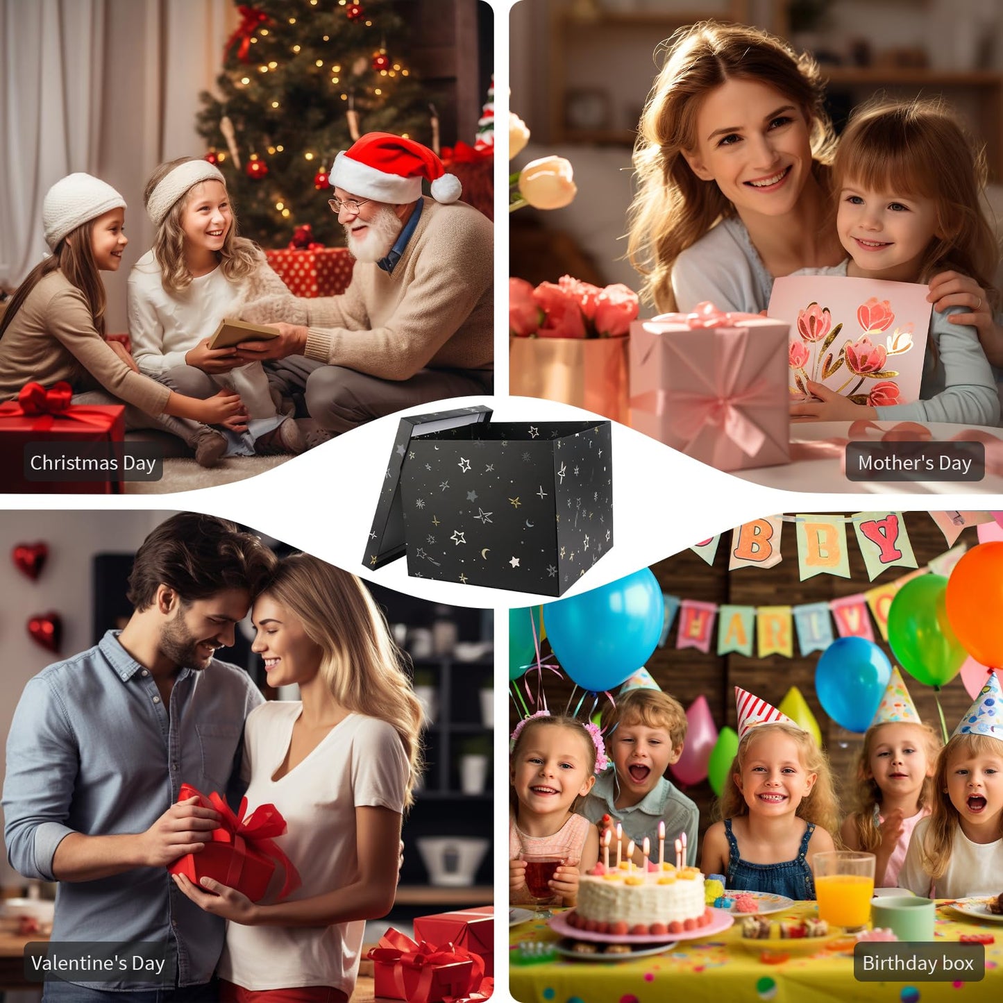 YINUOYOUJIA Large Gift Box 12x12x10Inches,Gift Boxes with Lids for Presents,Present Box,Birthday Box,Gift Packaging for Valentine's Day,Mother's Day,Christmas,Anniversaries.(Black Stars)