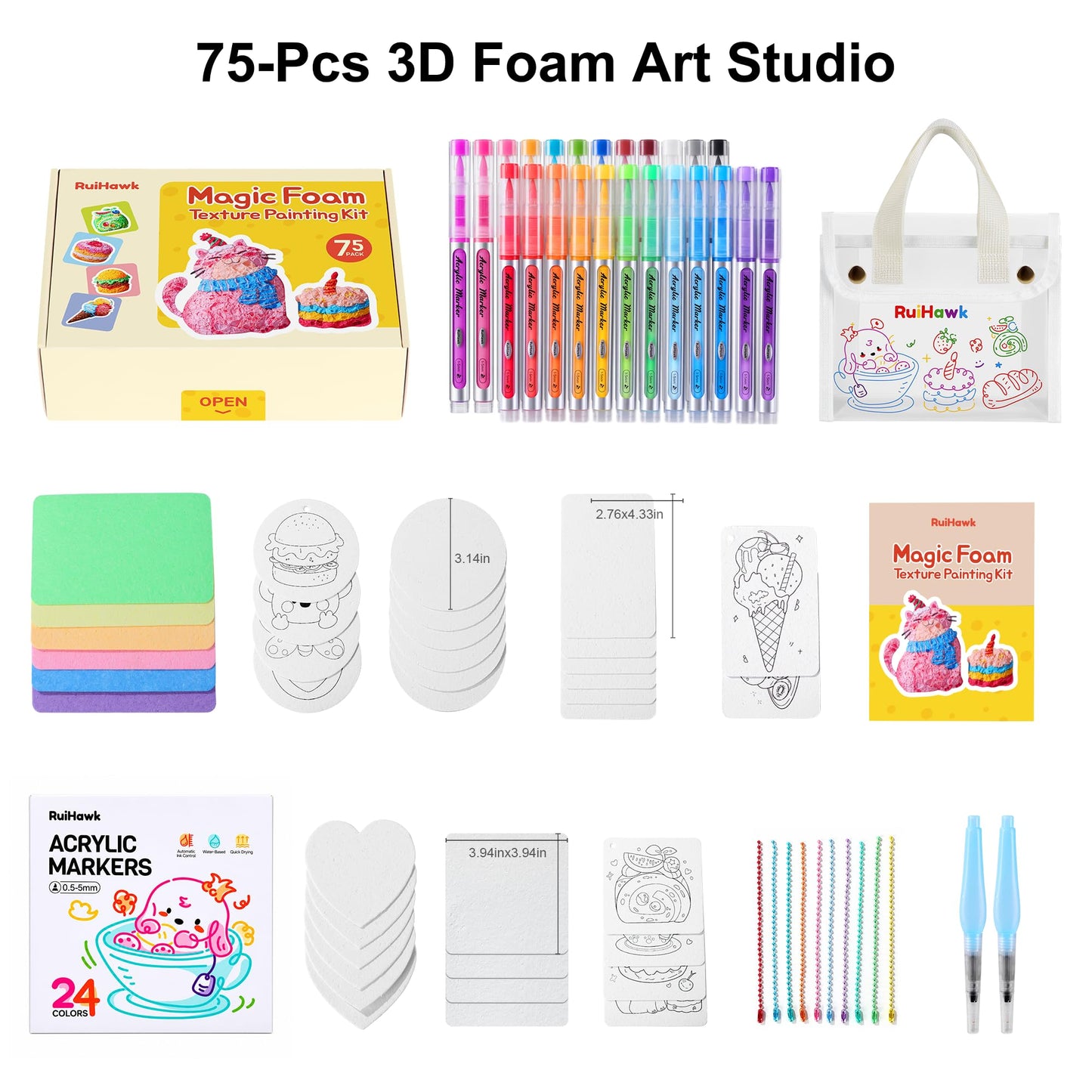 RuiHawk 3D Magic Foam Texture Painting Kit, 75 Pcs Puff Paint Art Supplies with 24 Auto-Flow Markers, 38 Texture Sheets & 10 Bead Necklace, Non-Toxic Creative Puffy Paint Gift for Boys Girls Ages 4-12
