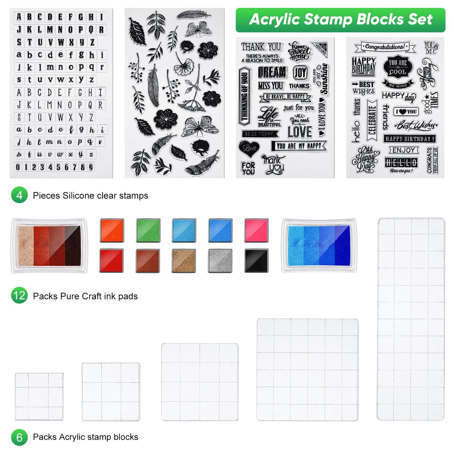 Zonon 22 Pieces Acrylic Stamp Blocks Tools Set Include 6 Clear Stamp Blocks, 4 Transparent Silicone Seals, 12 Craft Ink Pad for Scrapbooking Card Making