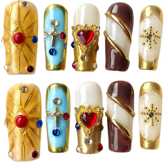Handmade Press On Nails Middle/Long Square Luxury Acrylic Fake Nails - Vintage Red Heart & Diamond Gold Salon False Nails, 3D Press Ons Gift for Women (Luxury gold, S)