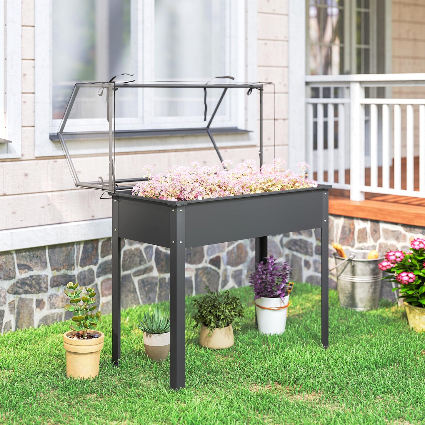 Outsunny Raised Garden Bed with Greenhouse Cover, Elevated Planter Box with Legs and Drainage Hole for Vegetables Flowers Herbs, 39.4" x 18.9" x 48.8", Dark Gray