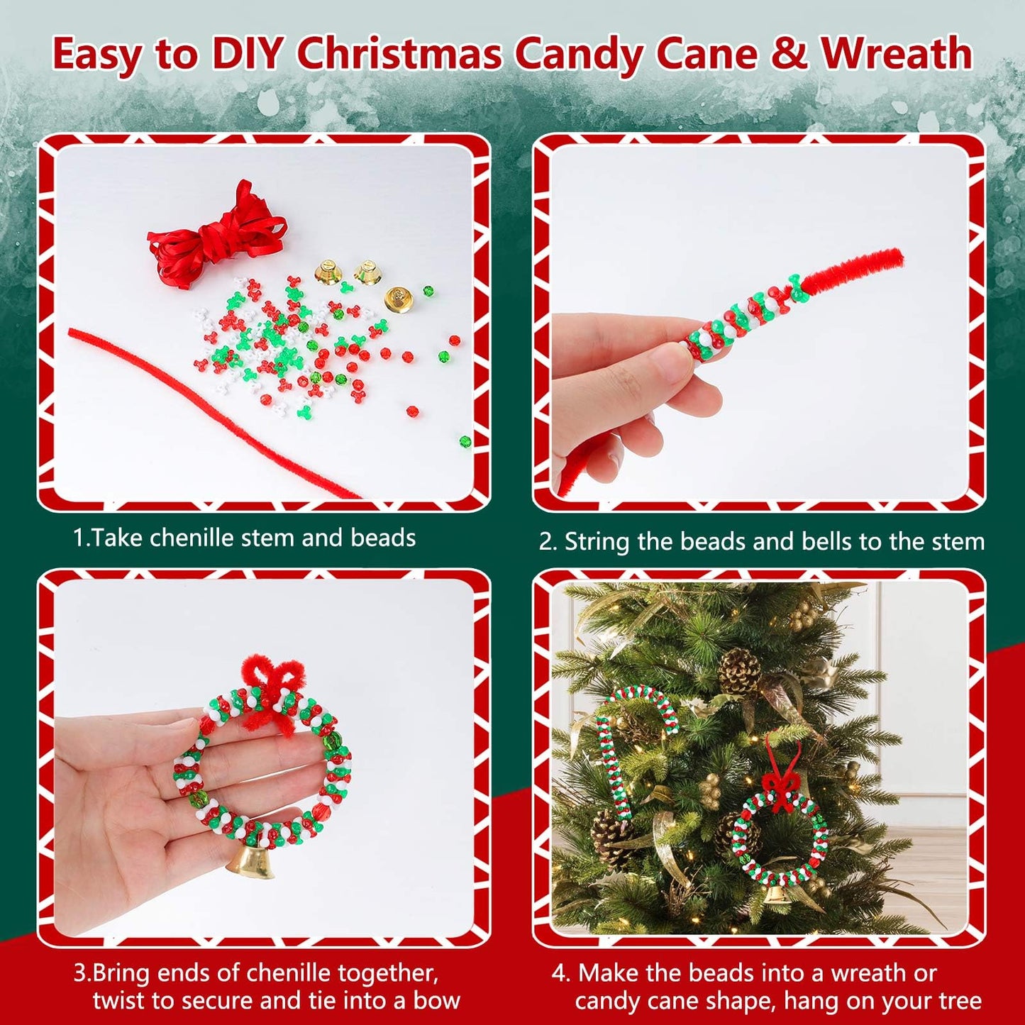 YBB 1780 Pcs Christmas Tri-Shaped Beads Ornament Kit with 30 Golden Bells 50 Chenille Stems and 10m Red Ribbon for Christmas Tree Candy Cane Wreath DIY Hanging Decoration