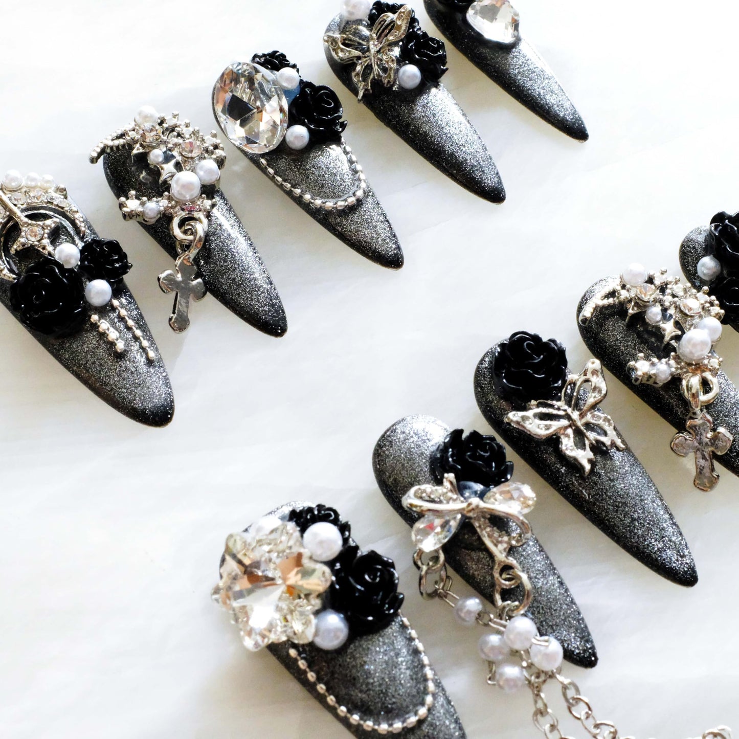 GLORS Luxury Long Stiletto Press-On Nails, 3D Black Roses with Silver Glitter, Pearl and Rhinestone Decorations, Handmade False Nail 10 Pieces (Medium, LS)