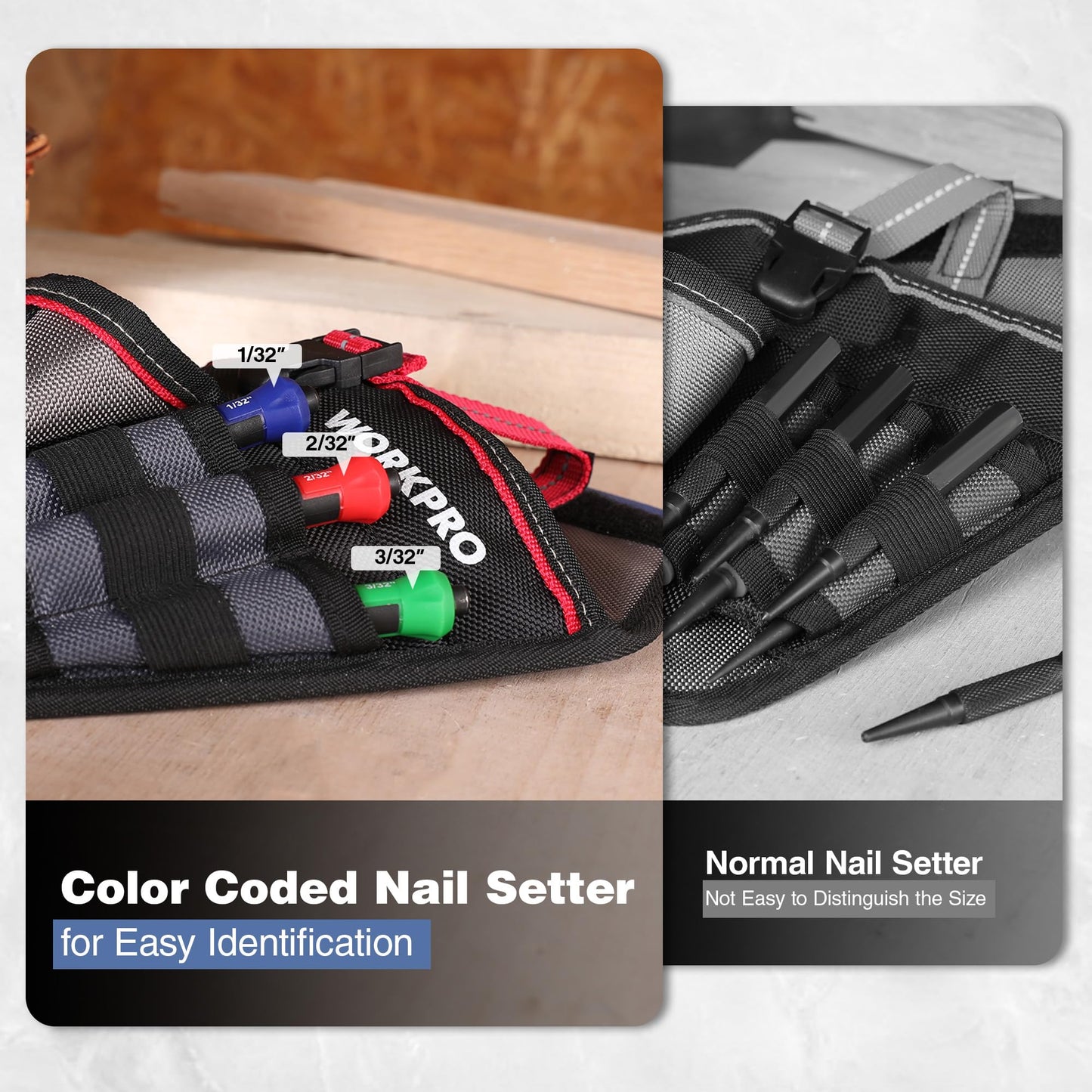 WORKPRO 3-Piece Nail Punch Set, Includes 1/32", 1/16", 3/32" Nail Setter, Color Coded Nail Set Tool with Shock-Absorbing Grip