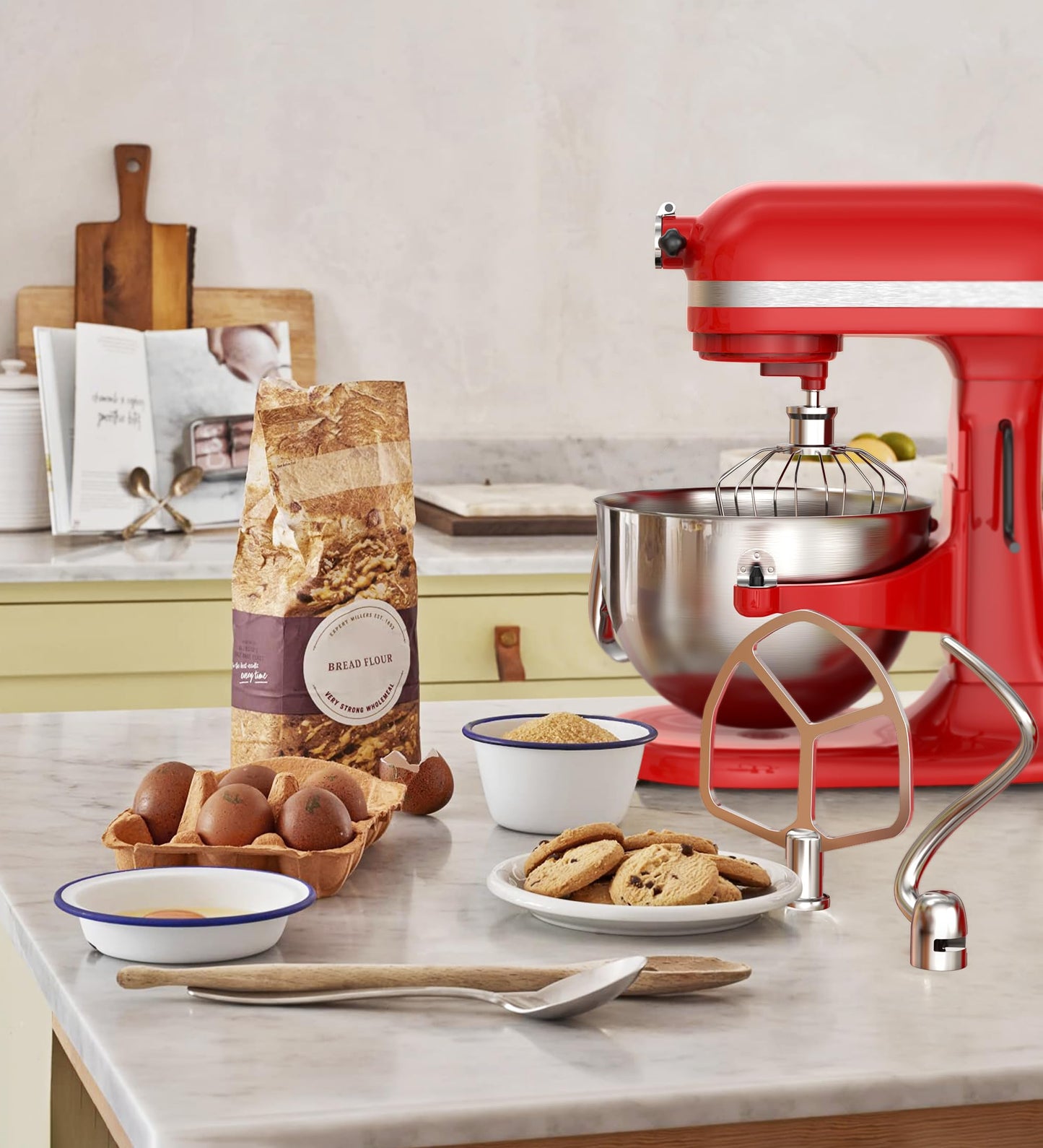 Stainless Steel Accessories 3 Piece Kit for KitchenAid 5.5 and 6 Quart Lift-Up Stand Mixers, Includes 5.5-6QT Flat Beater, Dough Hook, KN256WW 6-Wire Whisk for Kitchen Aid Attachments & 6 Qt Bowl