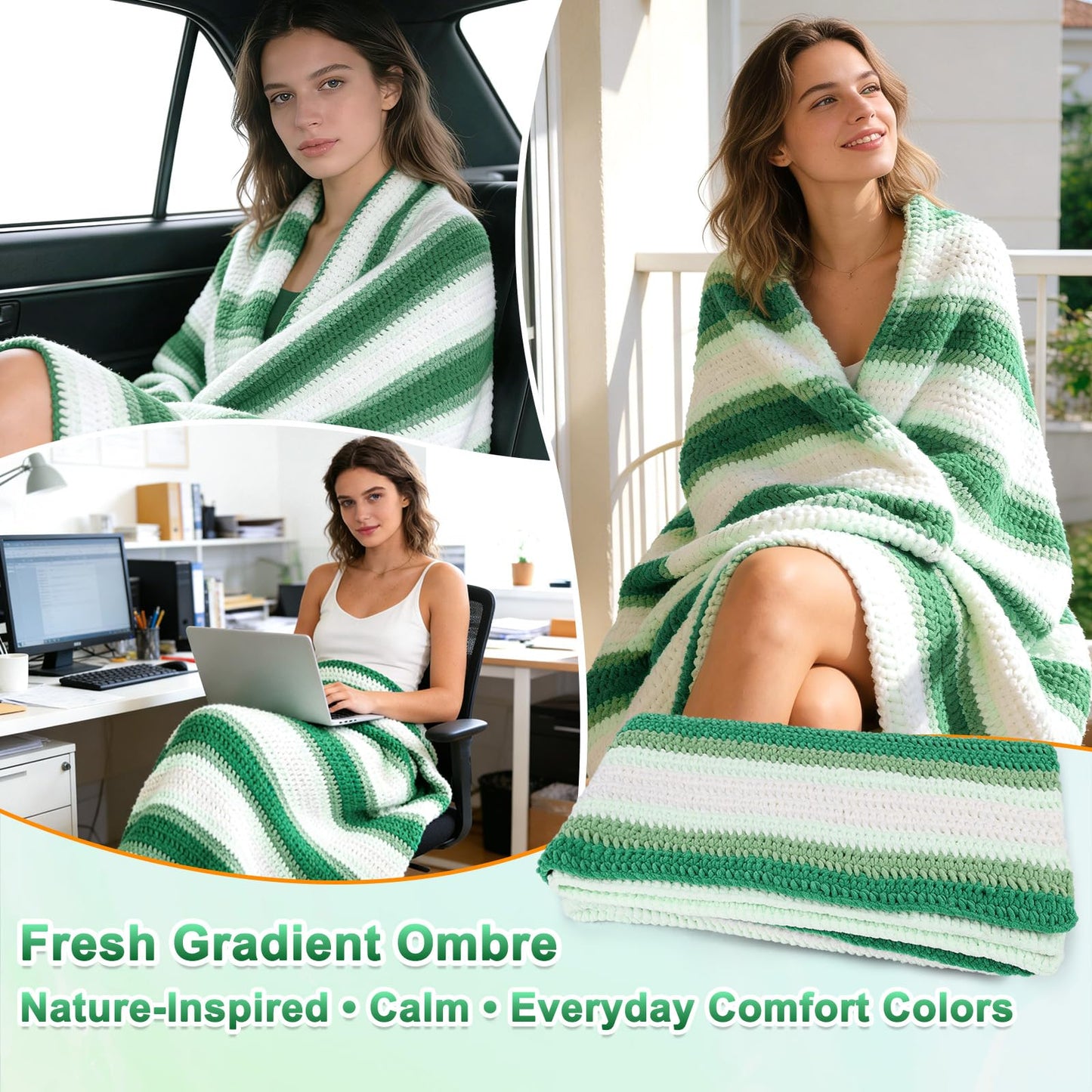 Reessy Crochet Blanket Kit for Beginners Adults – Gradient Green Ombre Throw Blanket Kit with Soft Chenille Yarn, Hooks & Instructions – Handmade Crochet Starter Set for Adults
