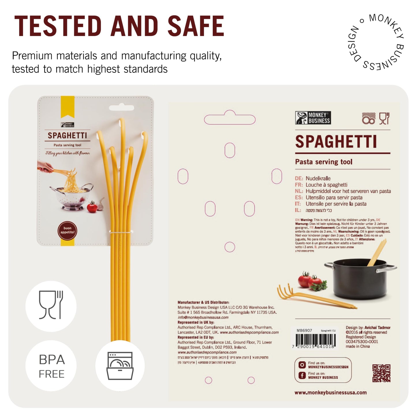 Fun Spaghetti-Shaped Plastic Spaghetti Spoon/Pasta Fork from a Series of Pasta-Inspired Kitchen Gadgets | Cool Pasta Spoon to Claw and Serve Pasta | Original Kitchen Accessories | by Monkey Business